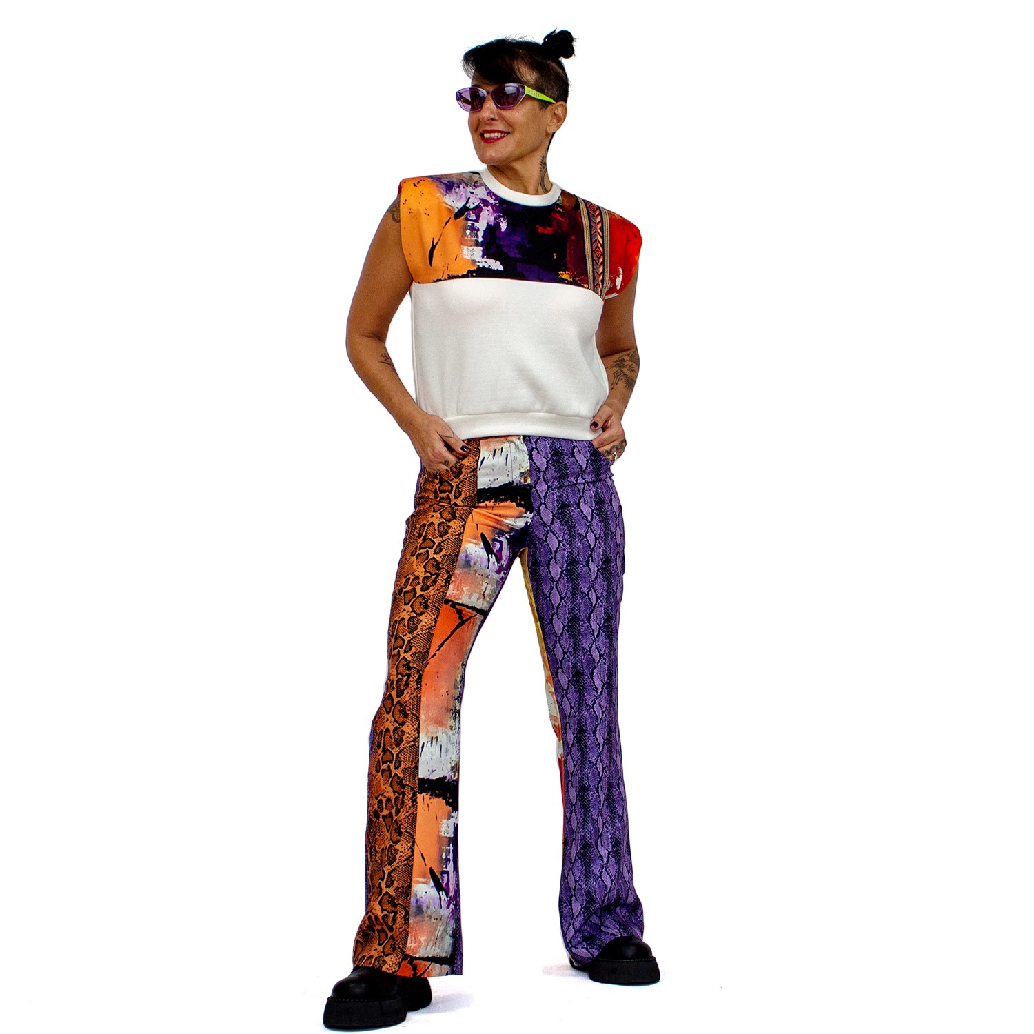 Colorful Print Patchwork Flared Pants