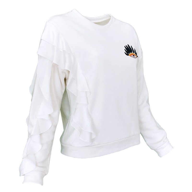 White Sweatshirt With Ruffle Detail & Eye Embroidery