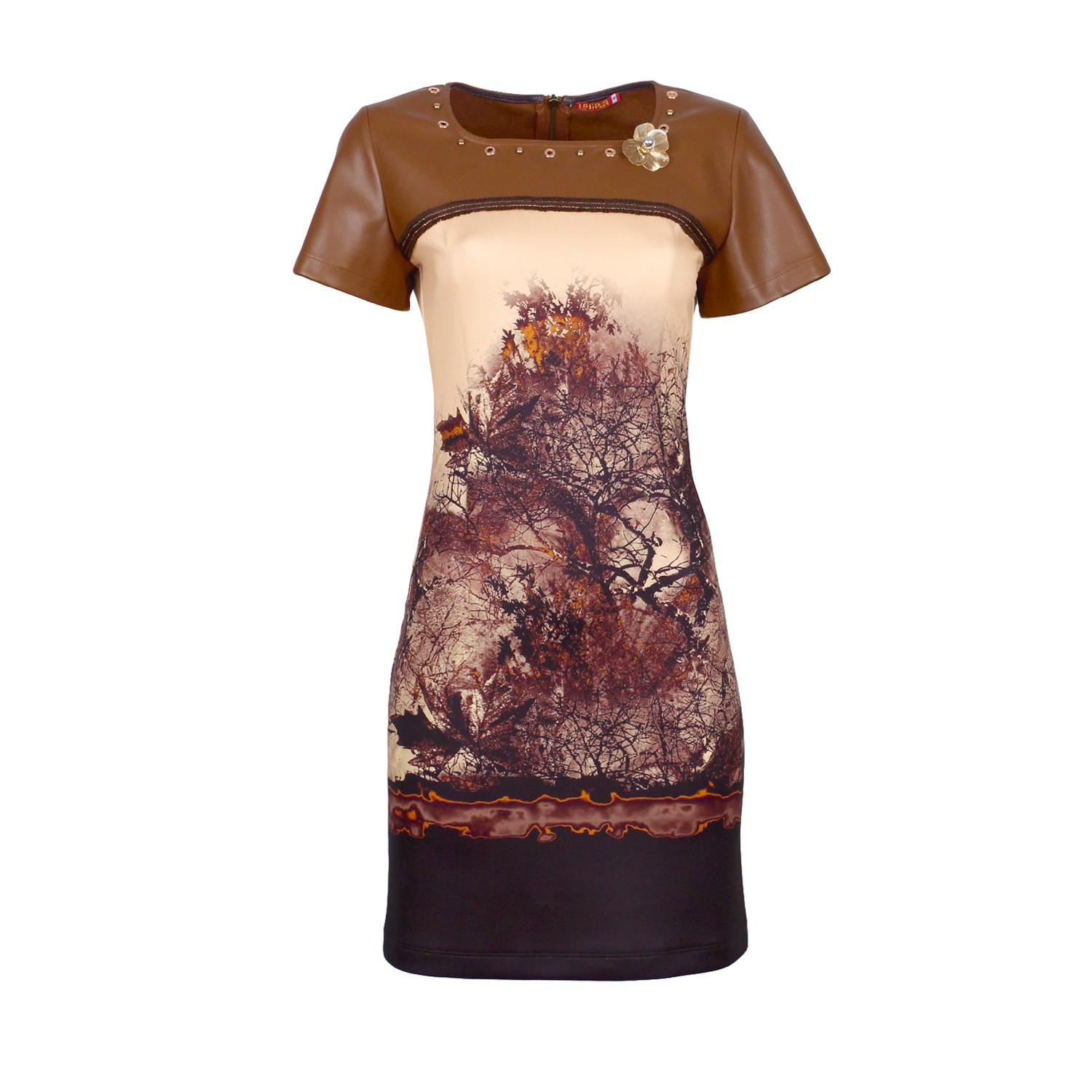 All-Over Graphic Print Short Sleeve Dress Panelled With Vegan Leather