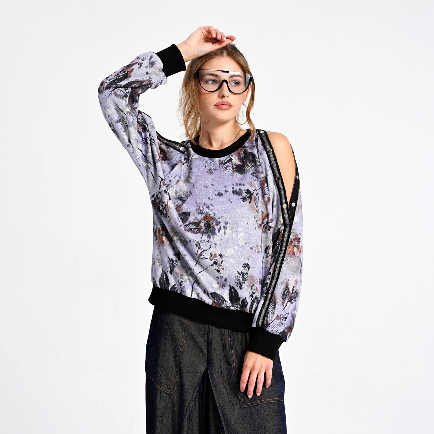 Floral Print Sweatshirt With Snap-Button Shoulder Detail