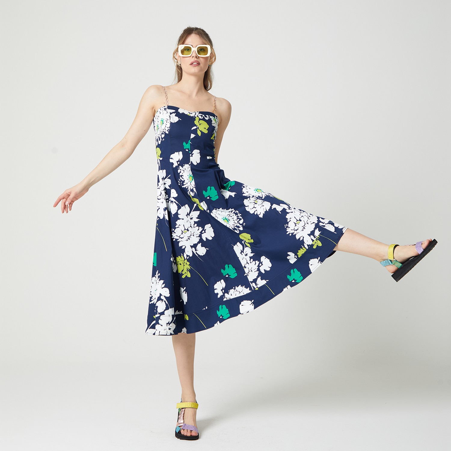 Two Chain-Link Shoulder Straps Midi Dress
