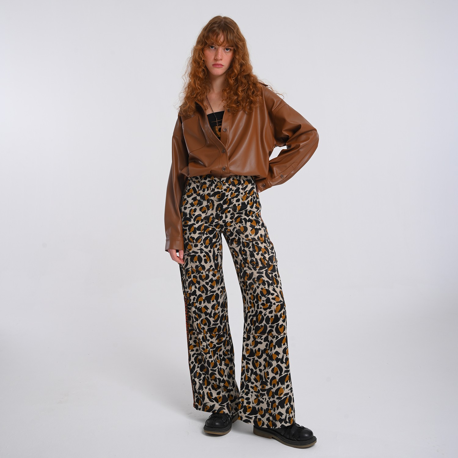 Leopard Print Ecovero Satin Wide-Leg Cargo Pants
