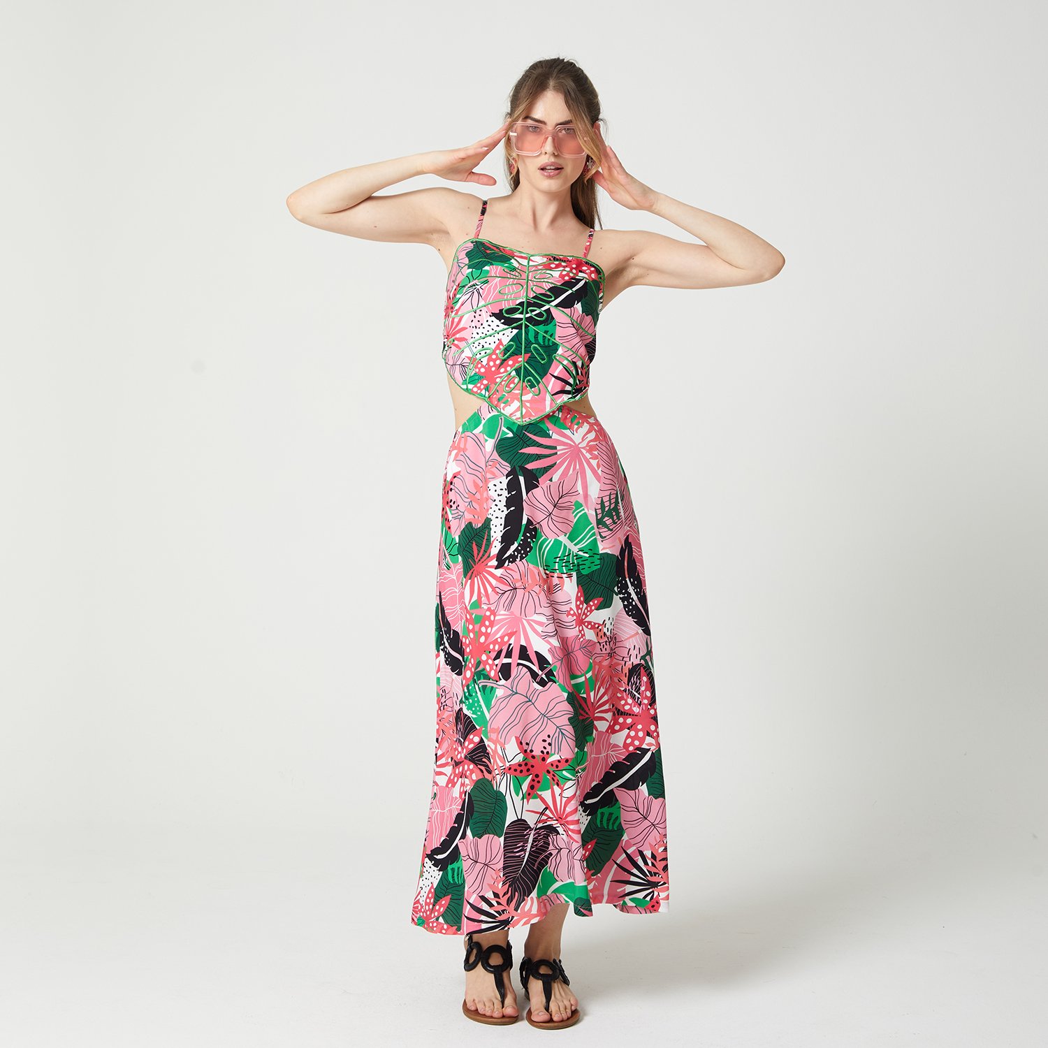 Palm-Leaf Embroidered Ribbed Cut-Out Dress