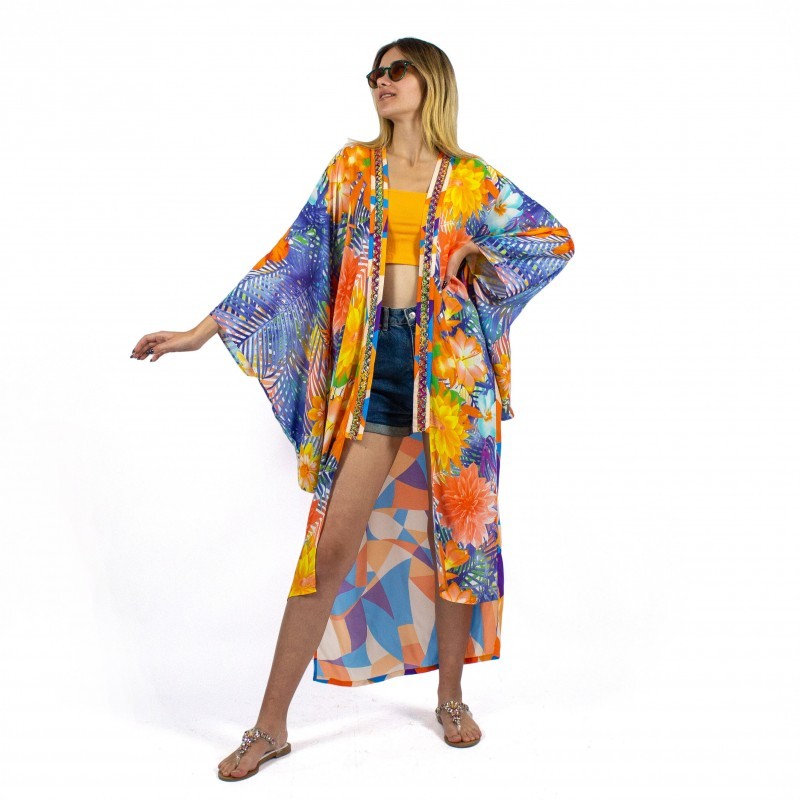 Viscose Kimono with Embroidery & Fringe Details