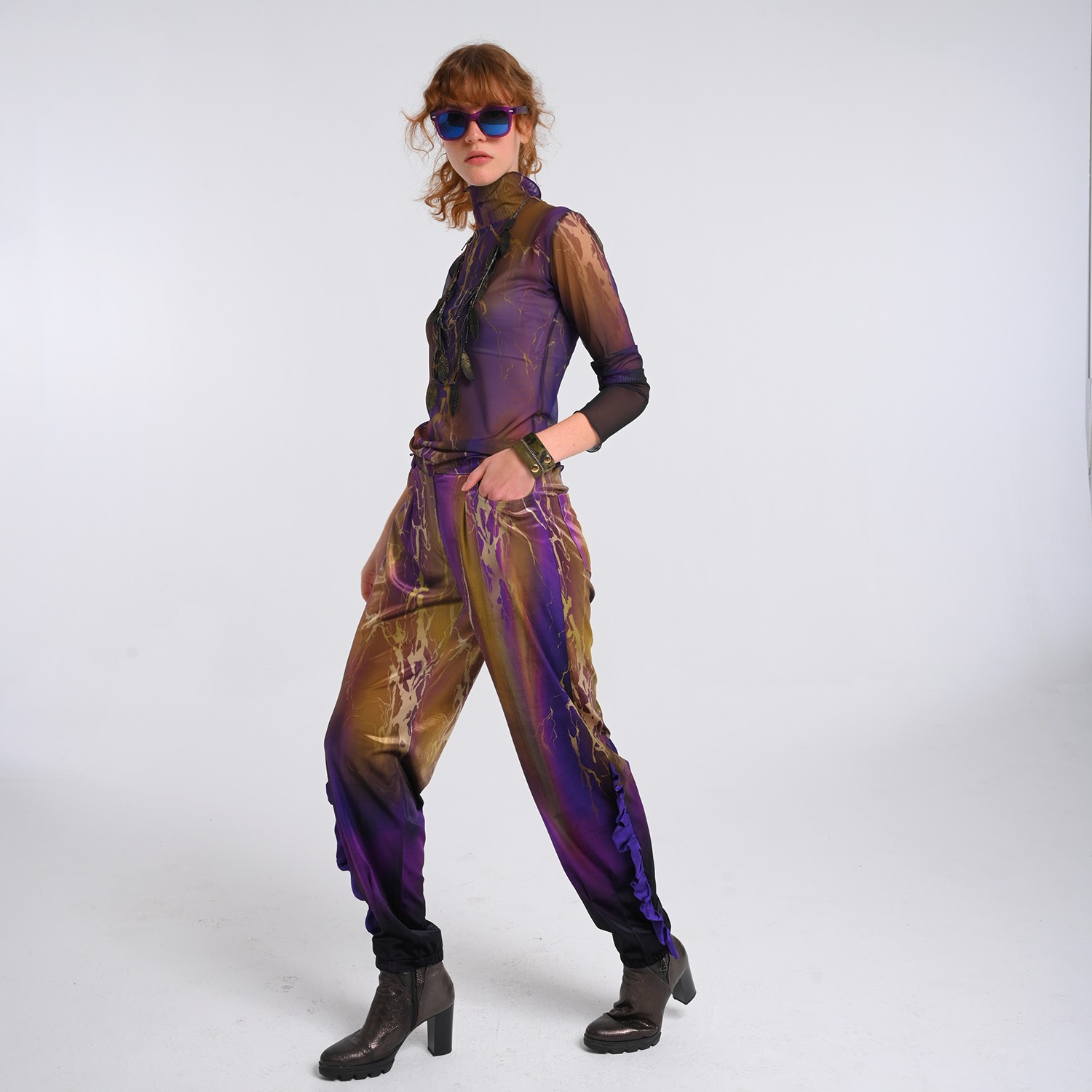 Abstract Printed Semi-Sheer Tulle Top