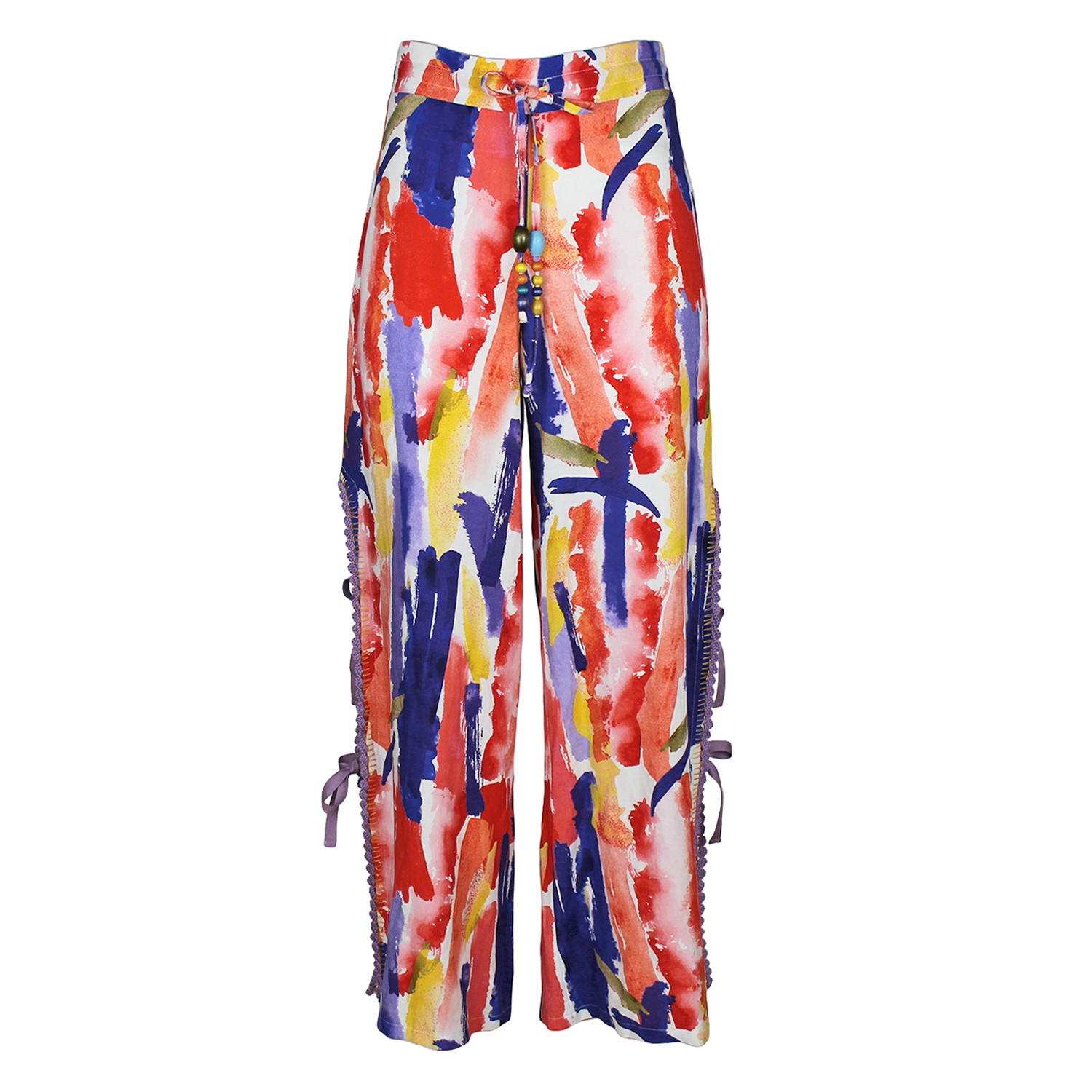Abstract Print Wide-Leg Linen Pants With Hand-Embroidered Detail