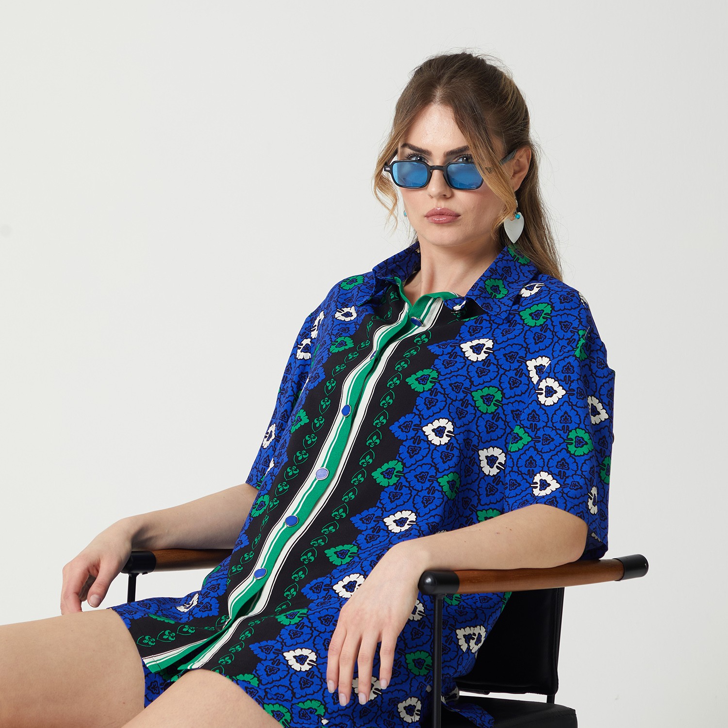 Abstract Print Viscose Short Sleeves Shirt & White Crop Top Set