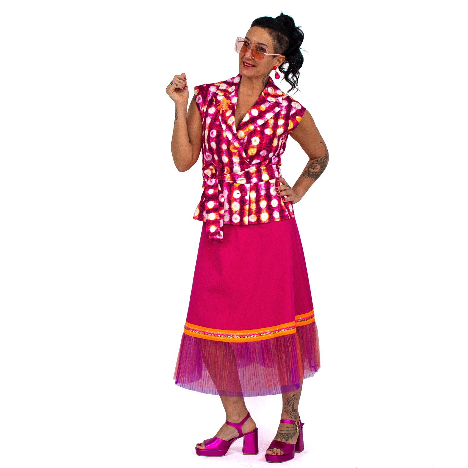 Fuchsia Skirt With Double Layer Pleated Tulle Detail