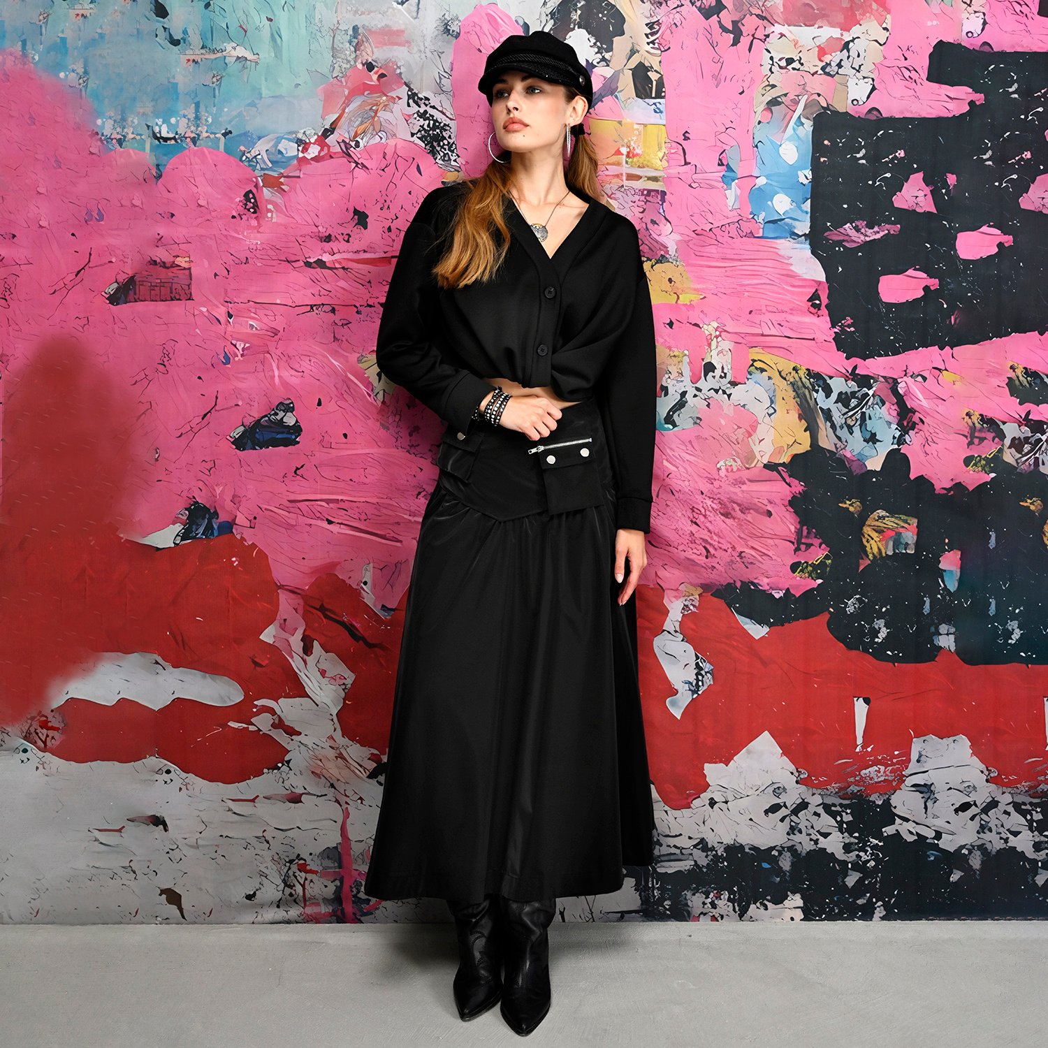 Black Maxi Skirt With Cargo Pocket Details
