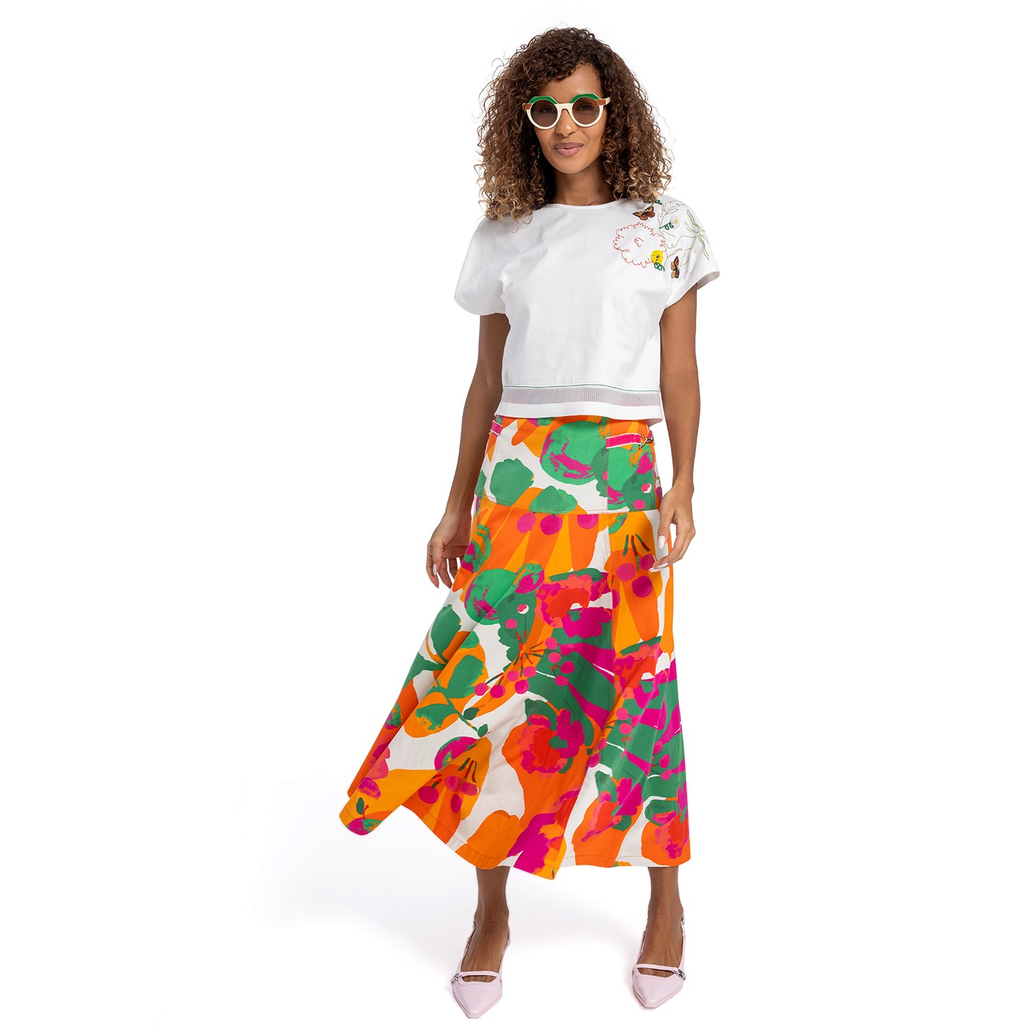 Embroidered Cropped Cotton T-Shirt With Hem Detailing
