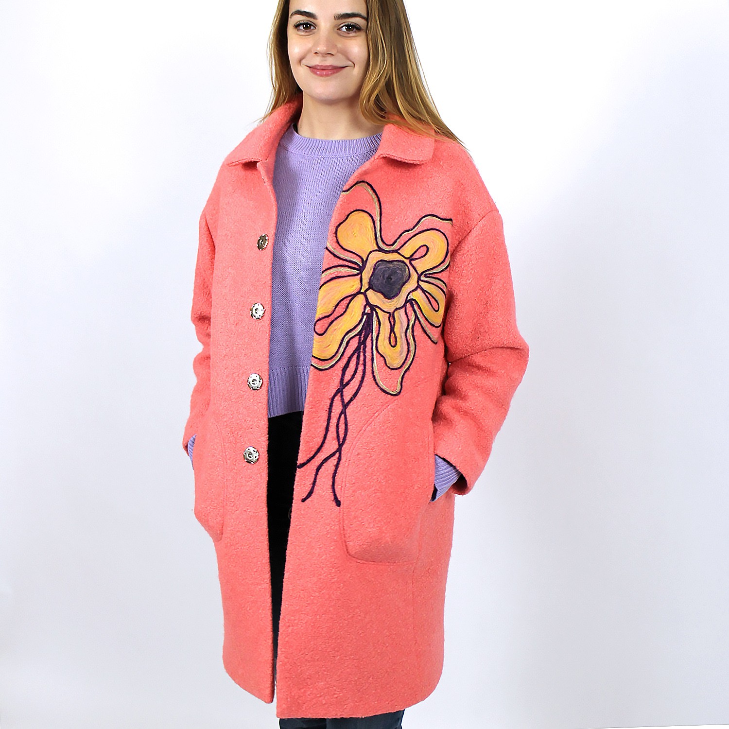 Wool Blend Coat With Flower Embroidery