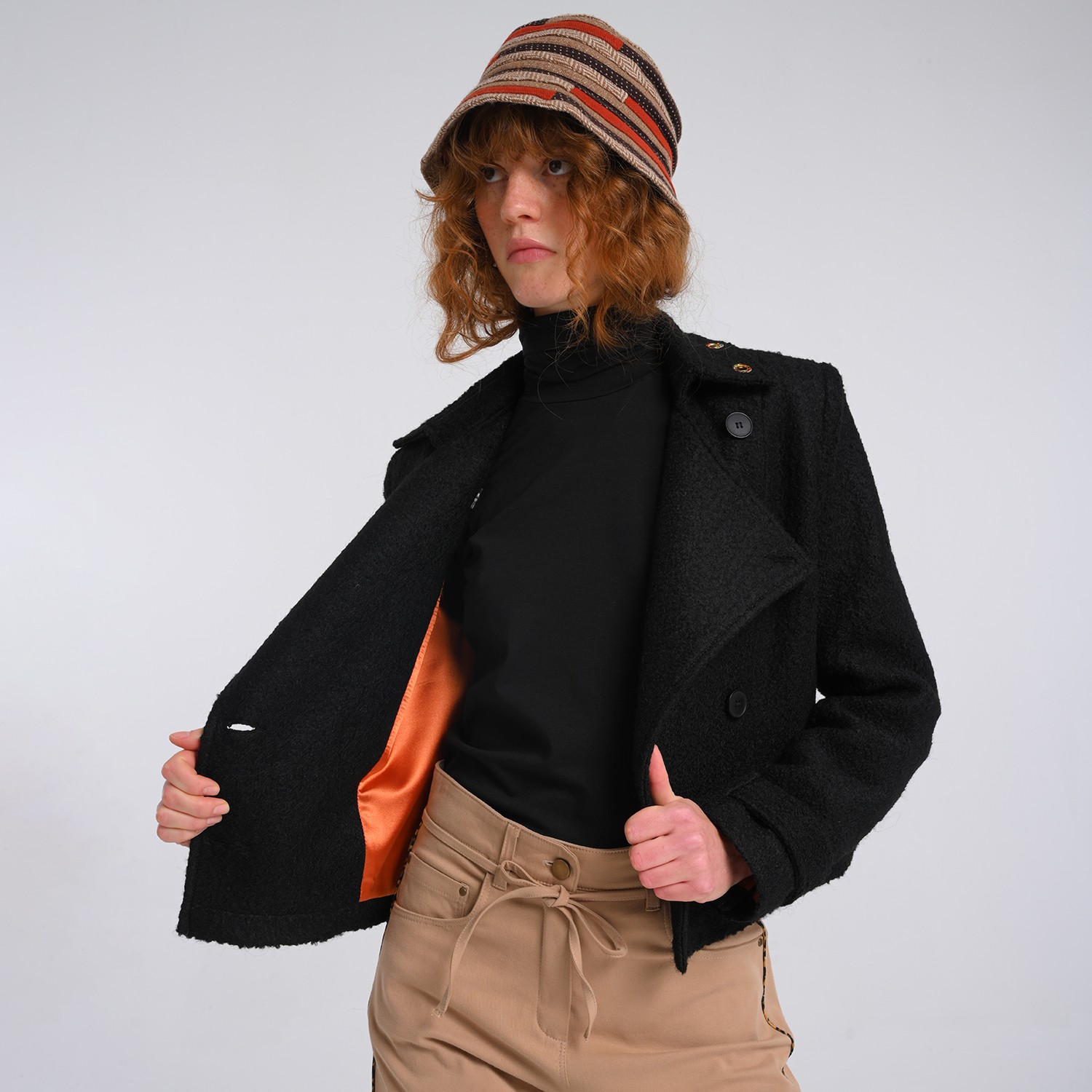 Black Felted Wool-Blend Colorful Eyelet Short Coat