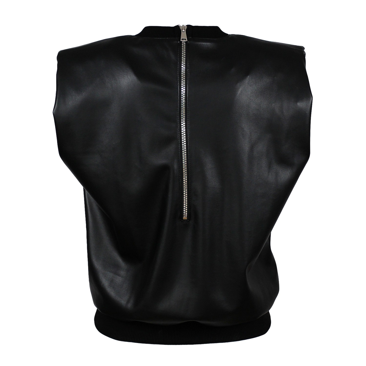 Black Vegan Leather Blouse With Faux Crystal Embellished Laser Cut-Out Heart
