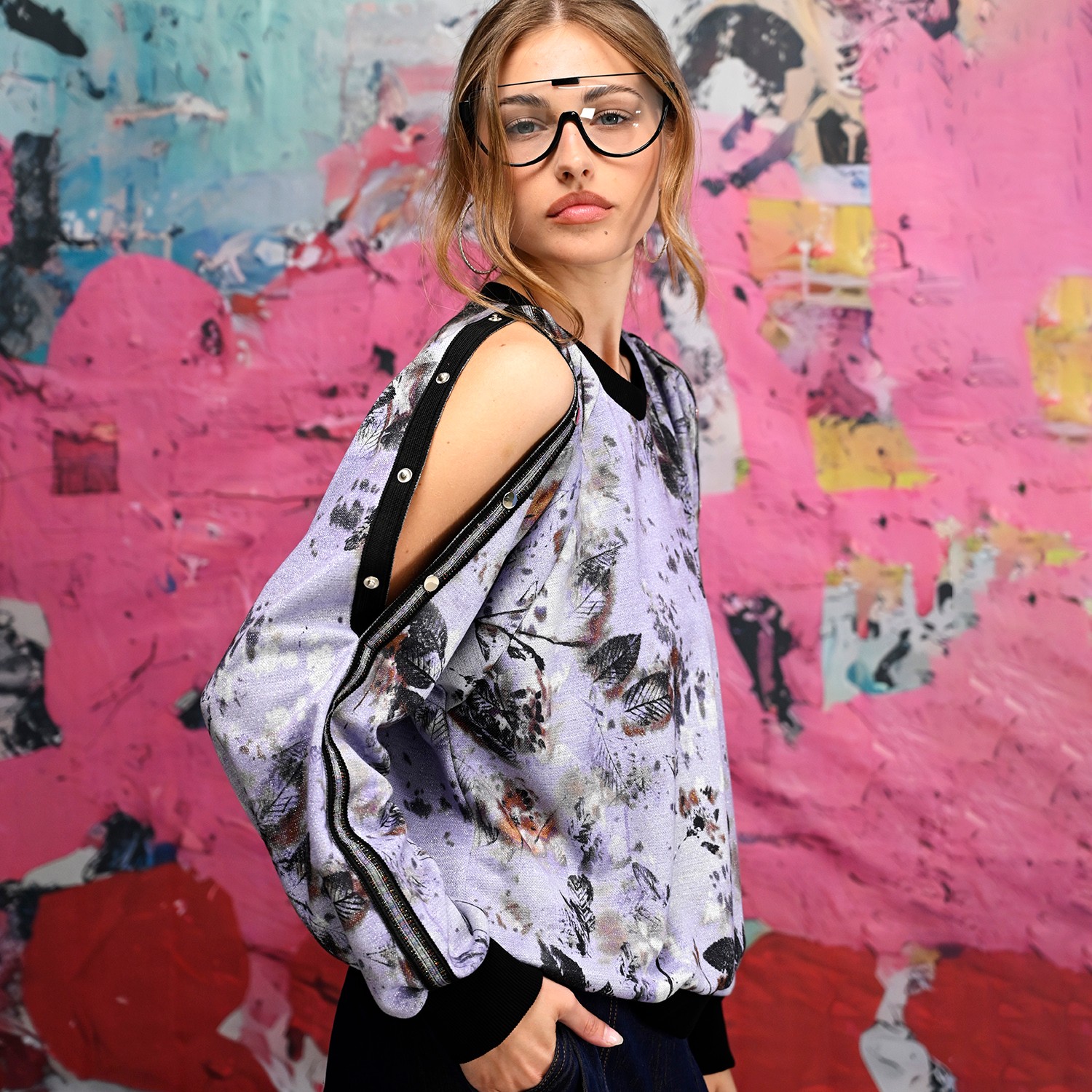 Floral Print Sweatshirt With Snap-Button Shoulder Detail