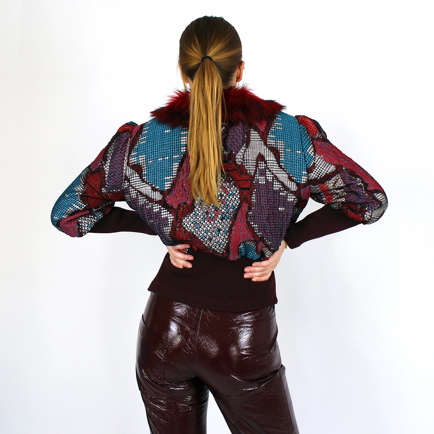 Jacquard Bomber Jacket With Faux Fur Collar
