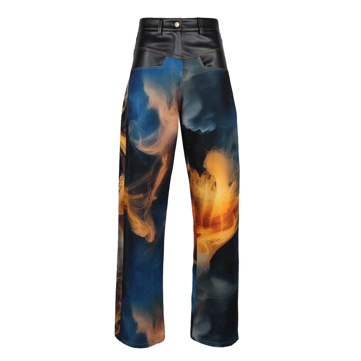 Wide-Leg Pants with Vegan Leather Waist and Digital Flame Print