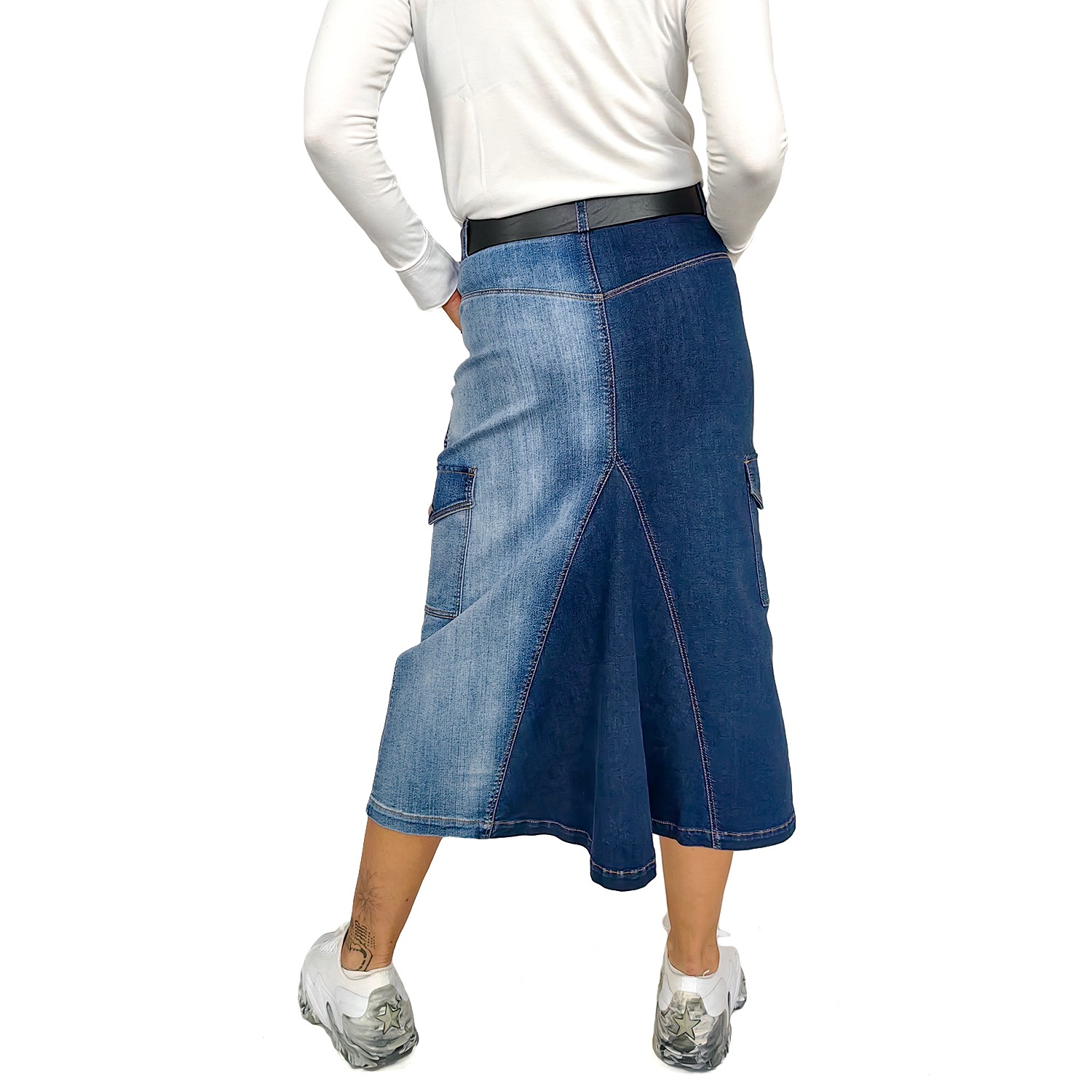 A Line Cargo Pocket Midi Denim Skirt