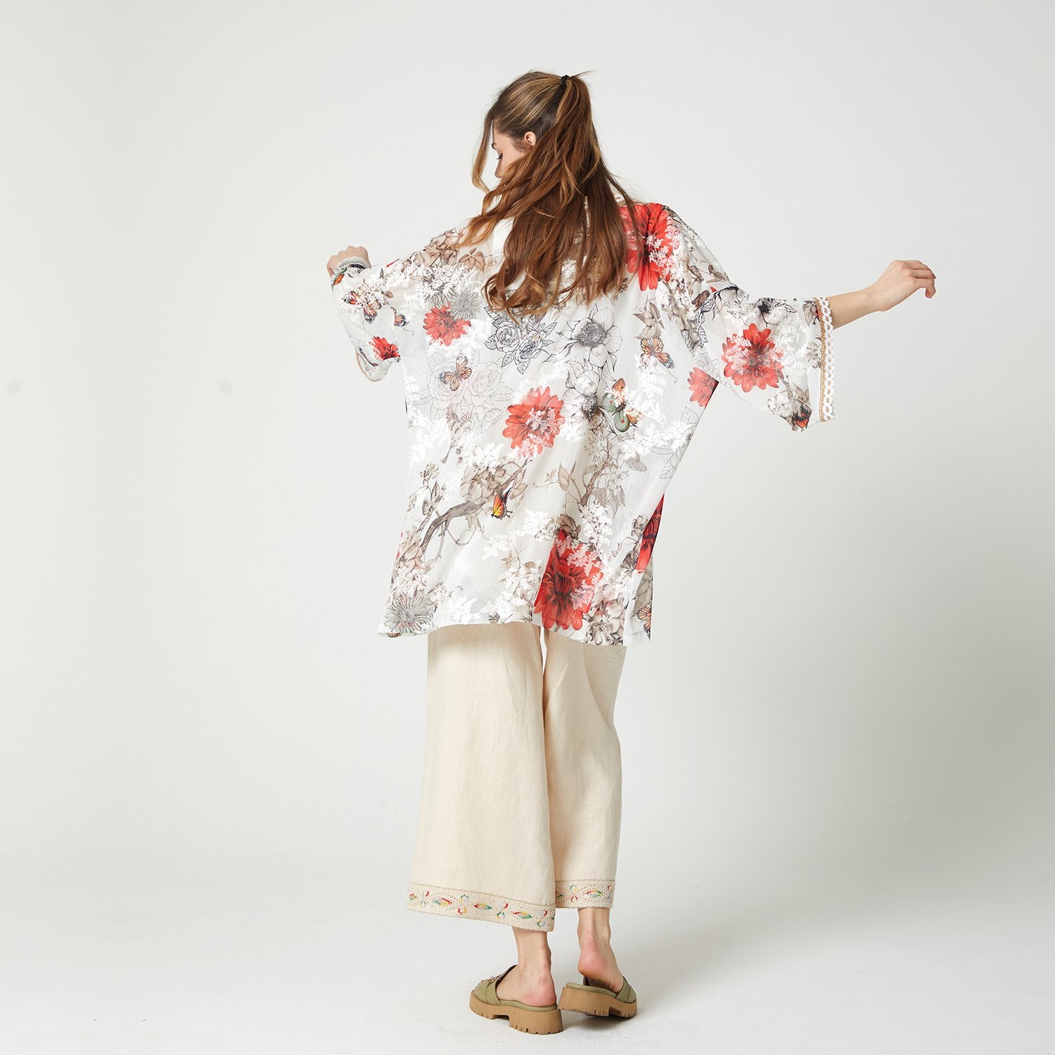 Floral Print Embroidered Chiffon Kimono