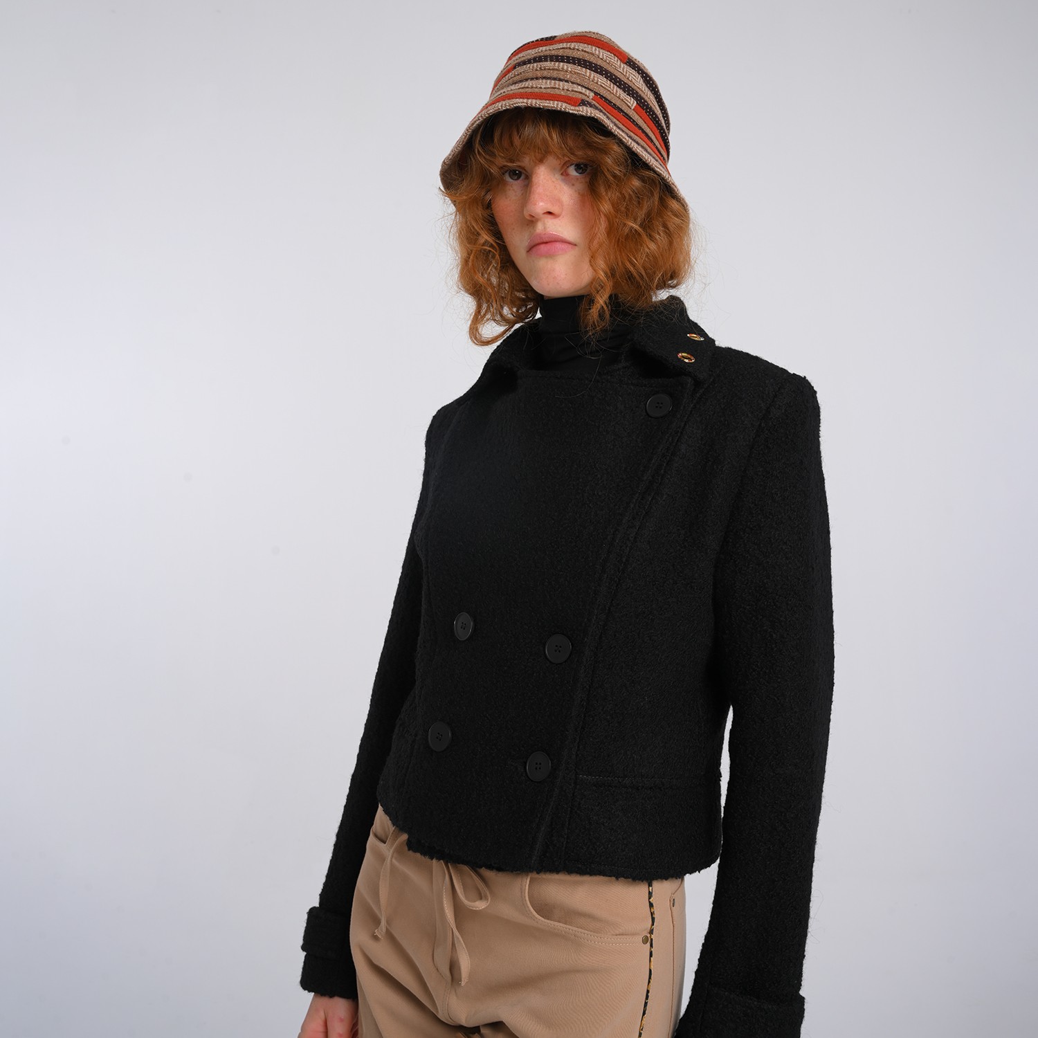 Black Felted Wool-Blend Colorful Eyelet Short Coat