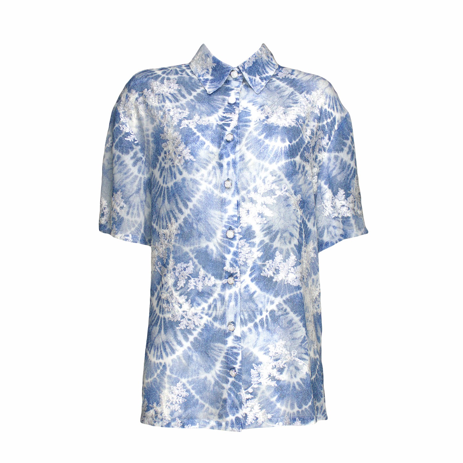 Chiffon Shirt With Tie-Dye Denim Effect Print And Embroidery Details