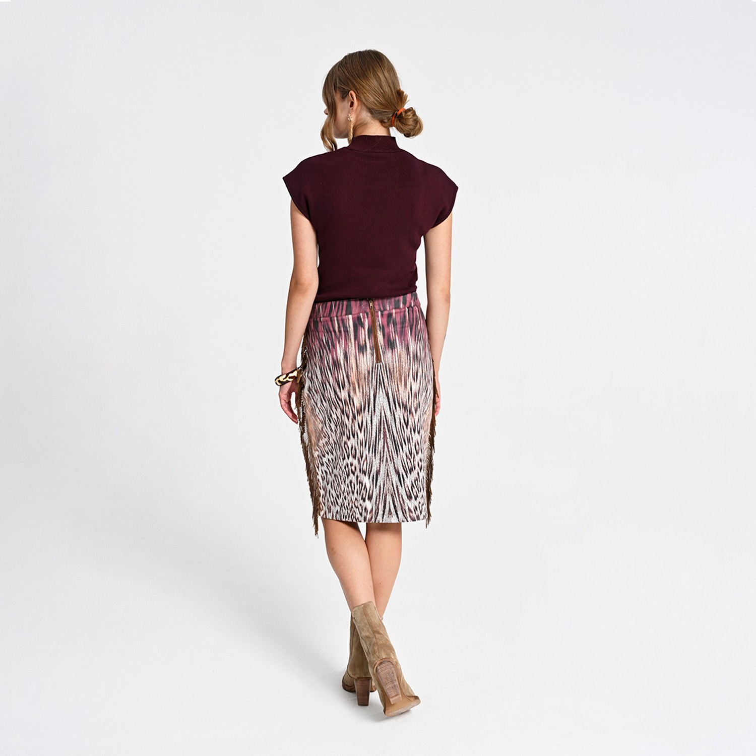 Pencil Skirt with Animal Print and Fringe Details