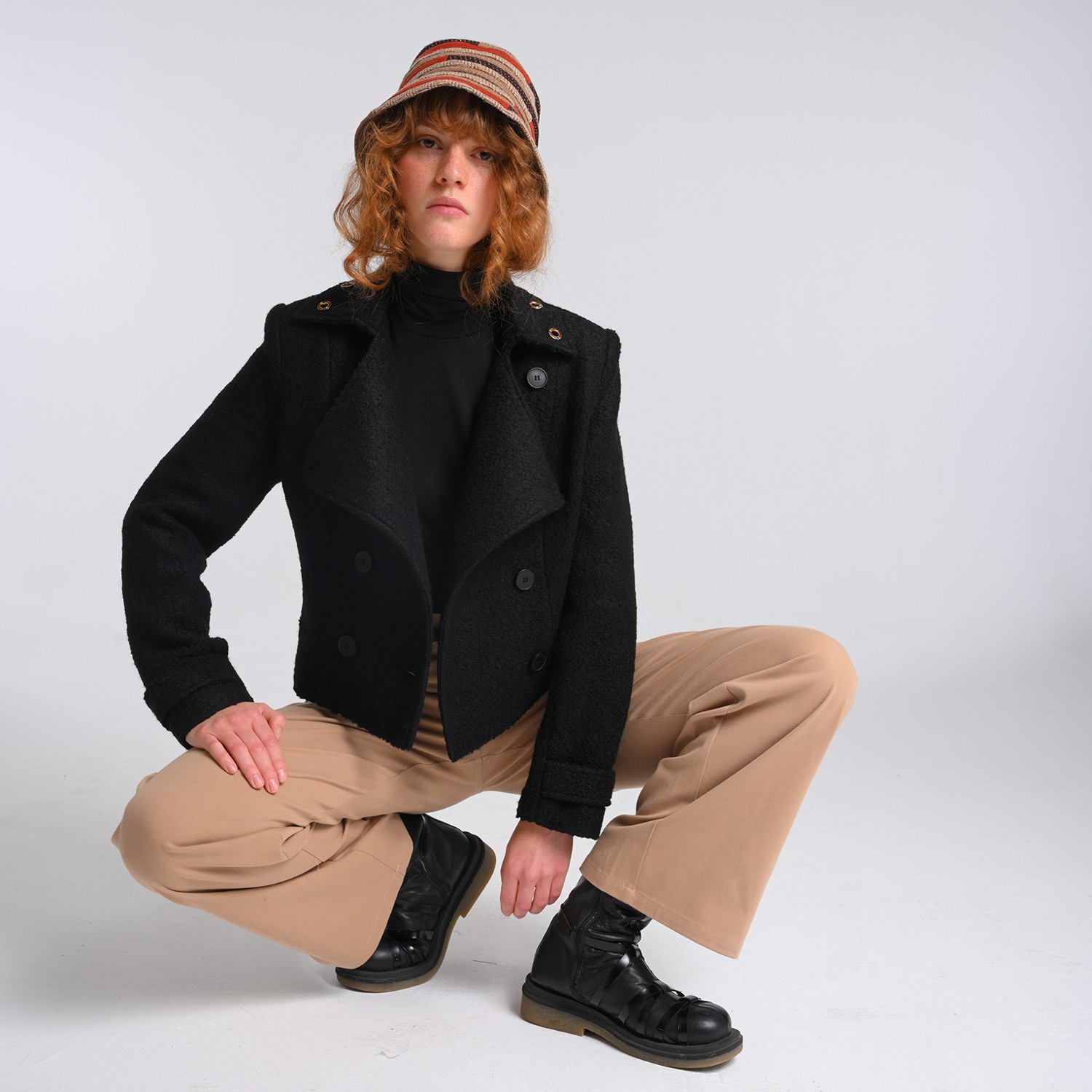 Black Felted Wool-Blend Colorful Eyelet Short Coat