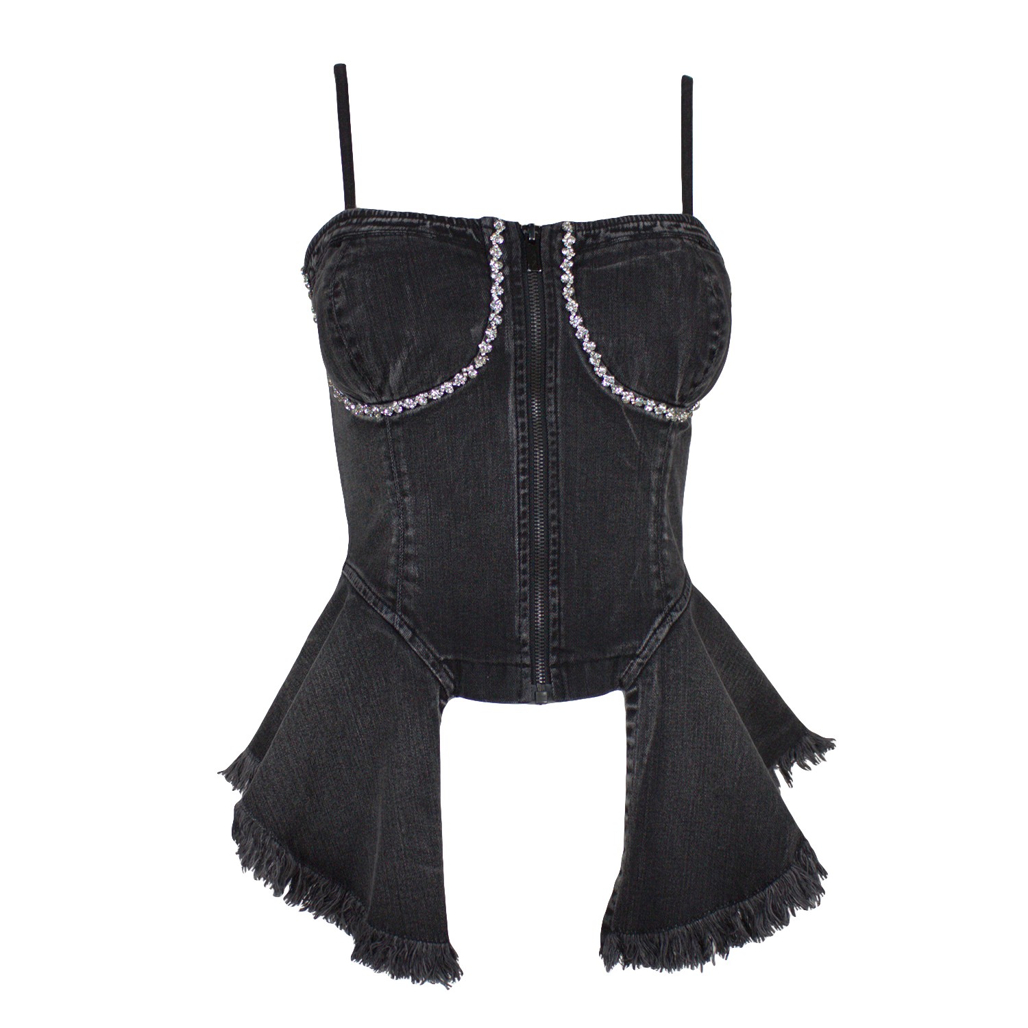 Hand Stitched Crystal Embellished Denim Corset Top With Ruffles