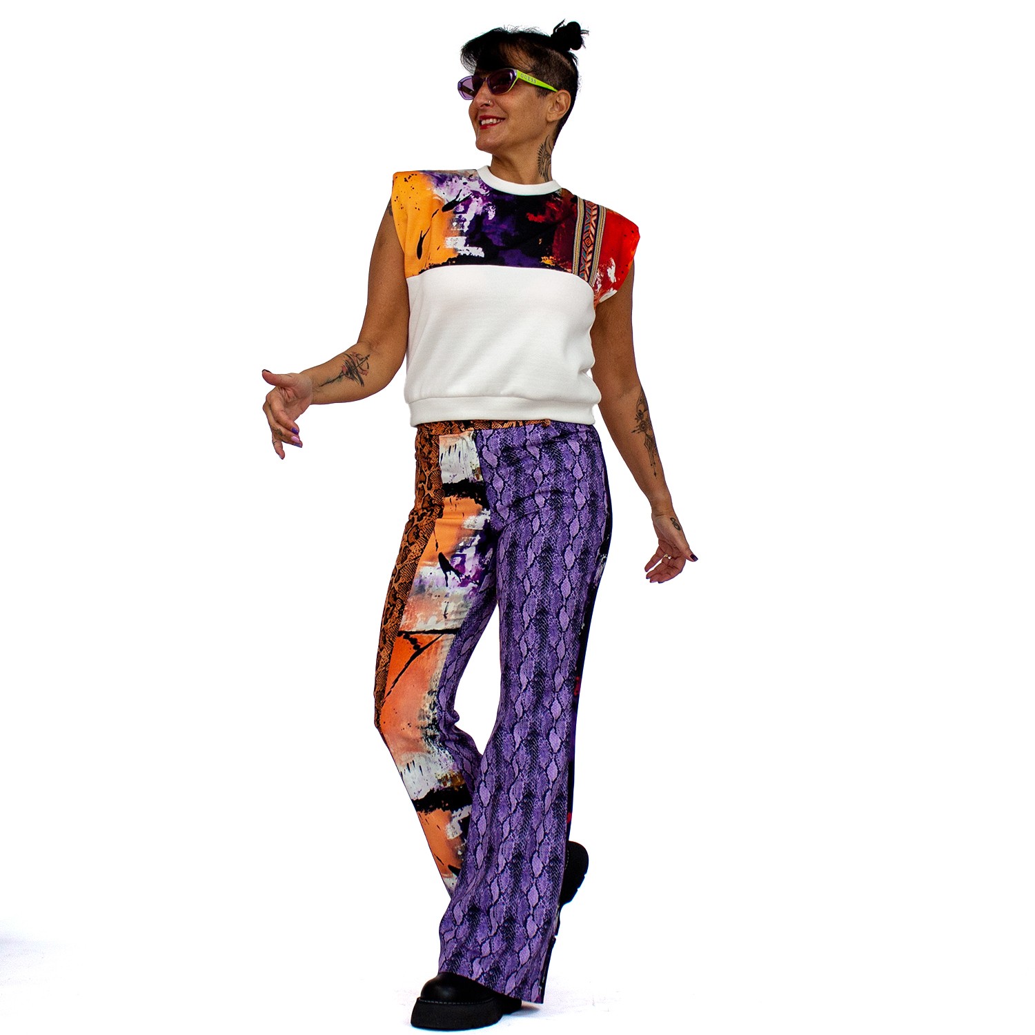 Colorful Print Patchwork Flared Pants