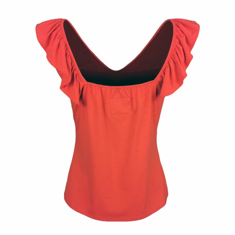 Sleeveless Red Blouse With Ruffled V-Neck