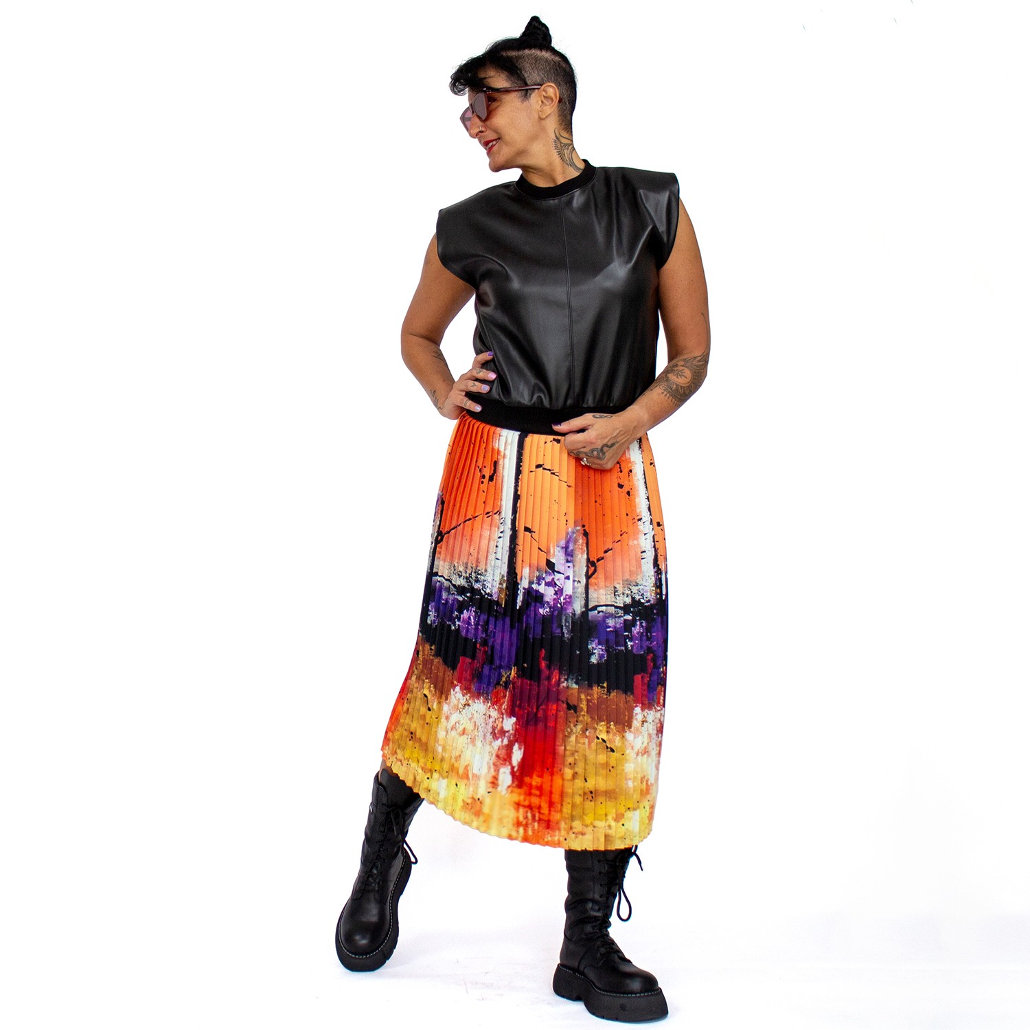 Colorful & Abstract Print Pleated Midi Skirt