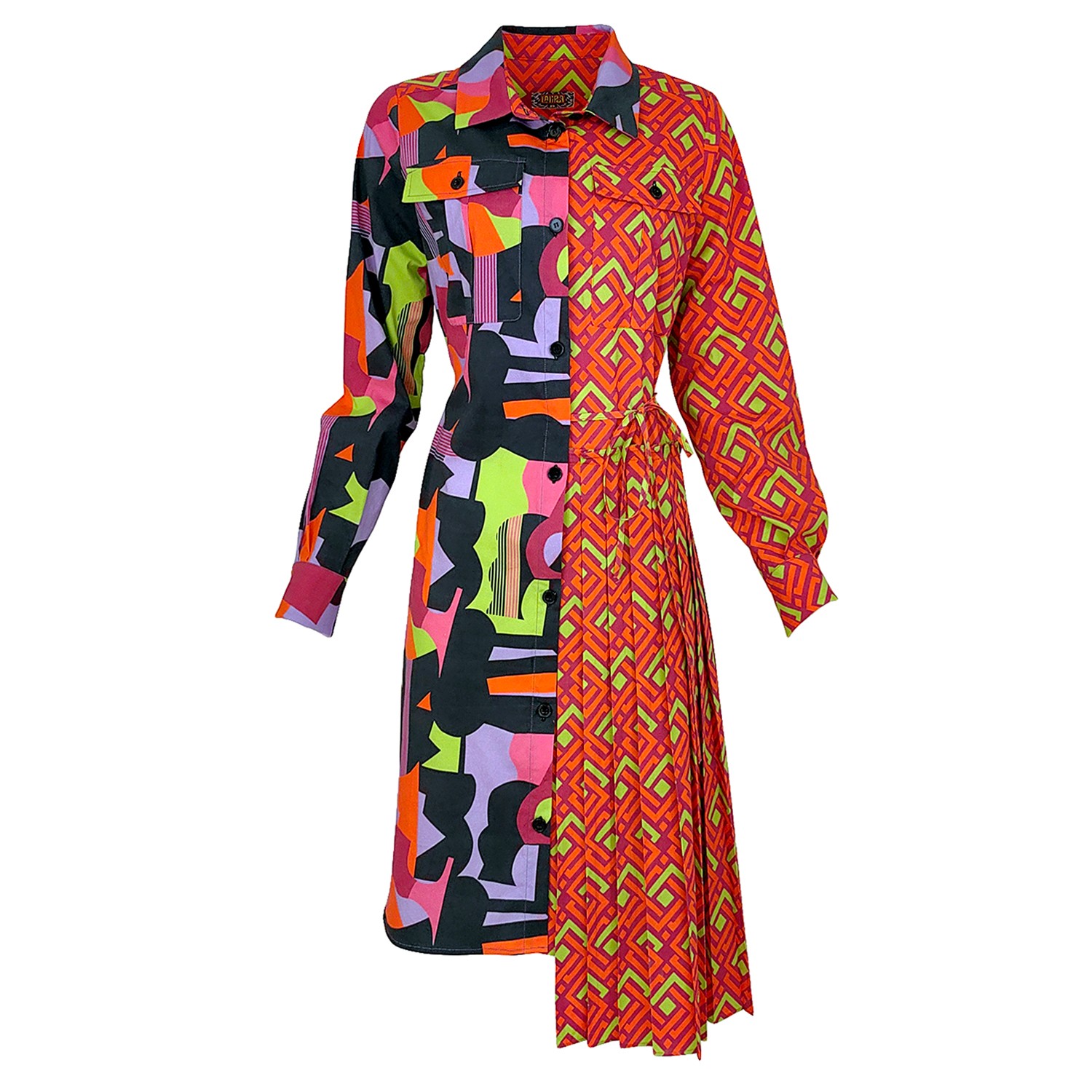 Geometric Color Block Cotton Shirt Dress