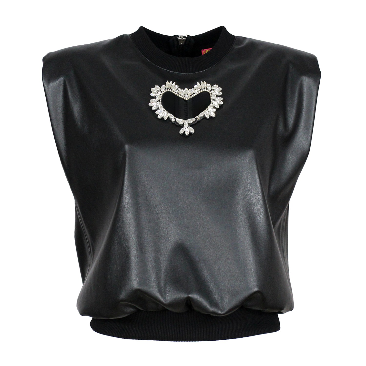 Black Vegan Leather Blouse With Faux Crystal Embellished Laser Cut-Out Heart