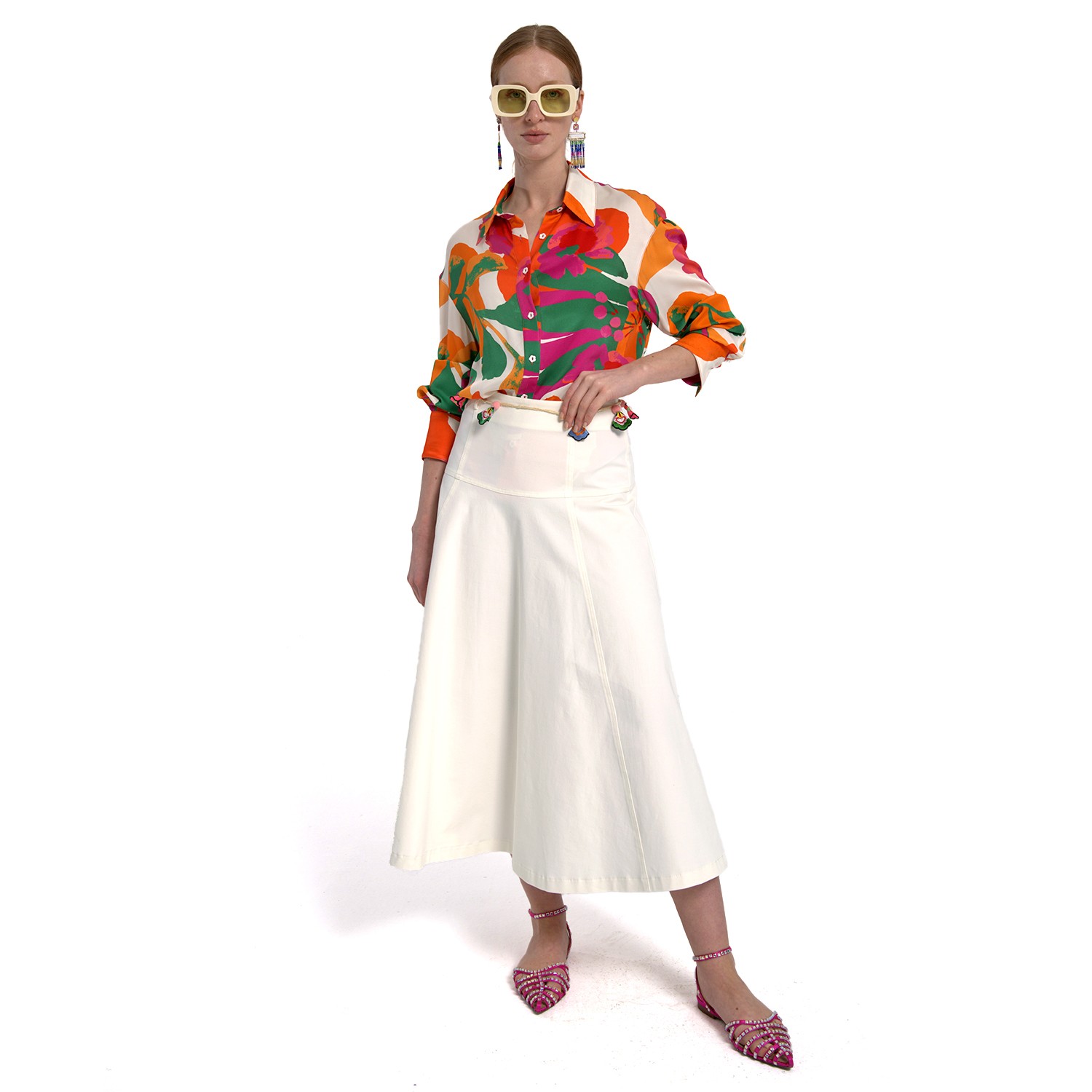 A-Line Midi White Cotton Skirt