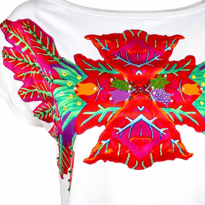 White Blouse with Laser-cut Red Leaves Print on the Chest