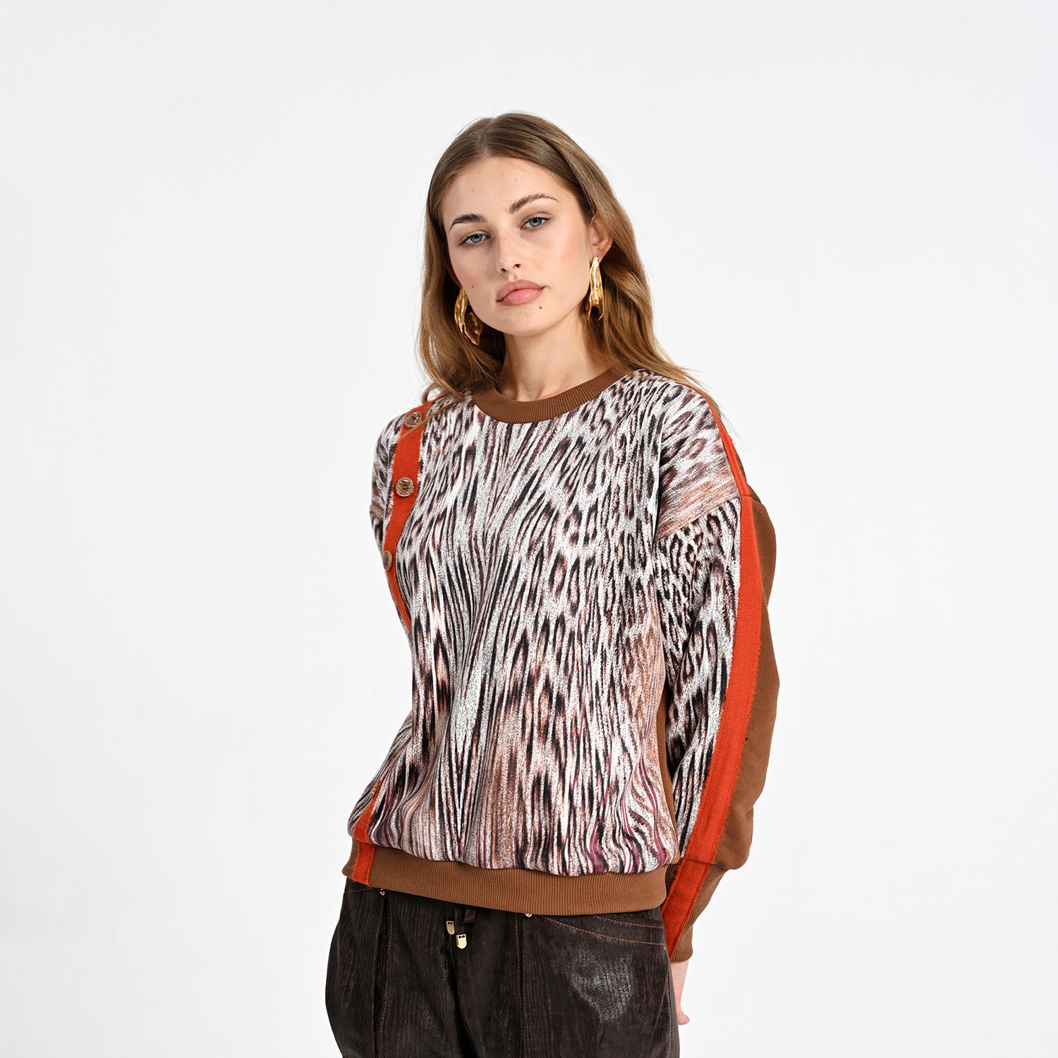 Animal Print Knit Sweatshirt with Button Detail