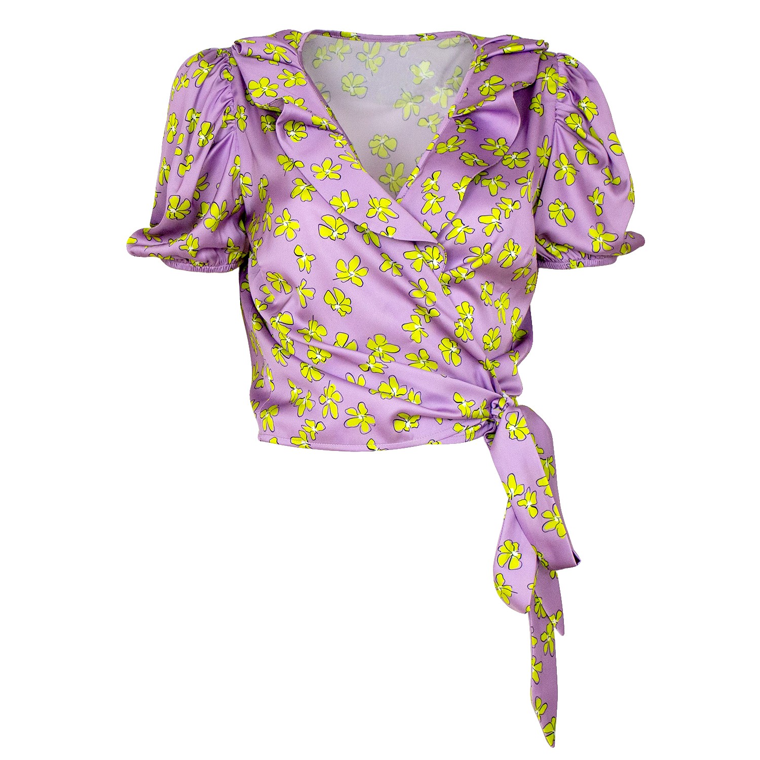 Lilac Floral Print Double-Breasted Puff Sleeve Satin Blouse