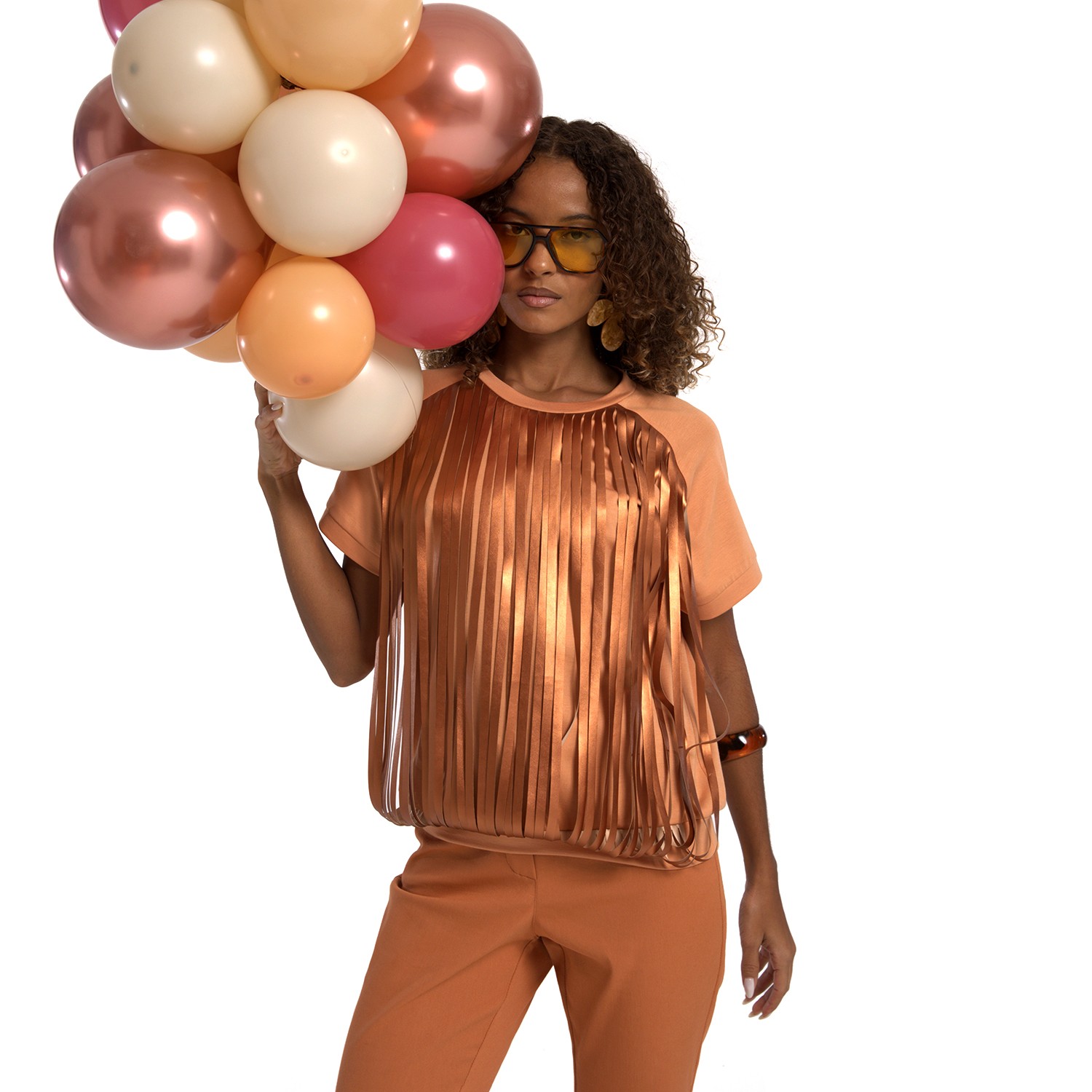 Salmon Color Blouse With Laser-Cut Vegan Leather Fringes