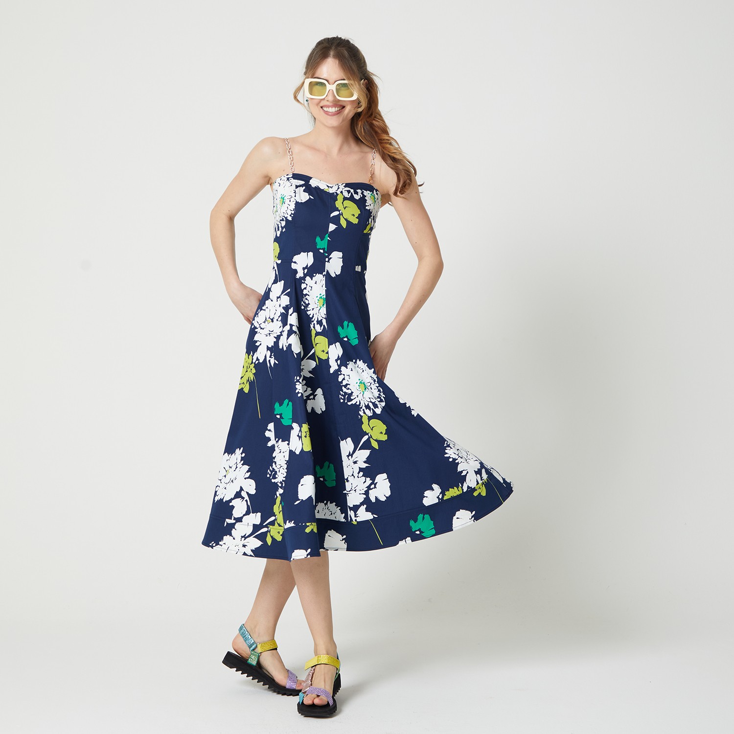 Two Chain-Link Shoulder Straps Midi Dress