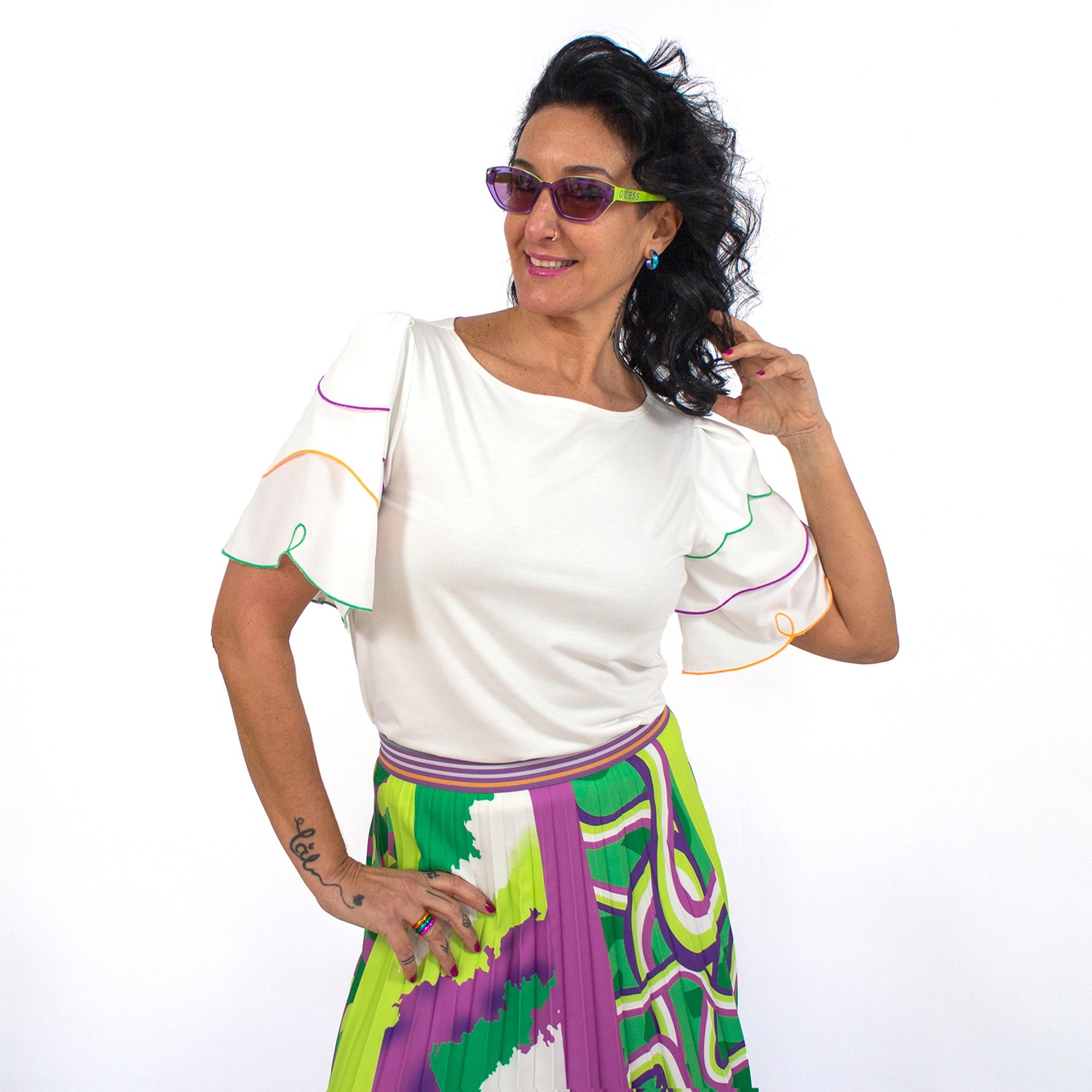 White Blouse With Laser-Cut Colorful Embroidered Sleeves