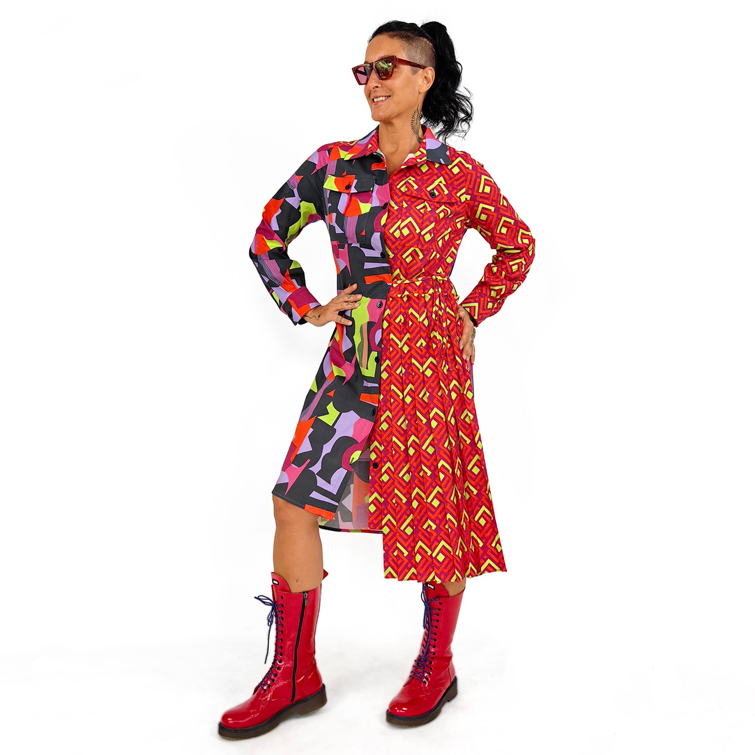 Geometric Color Block Cotton Shirt Dress