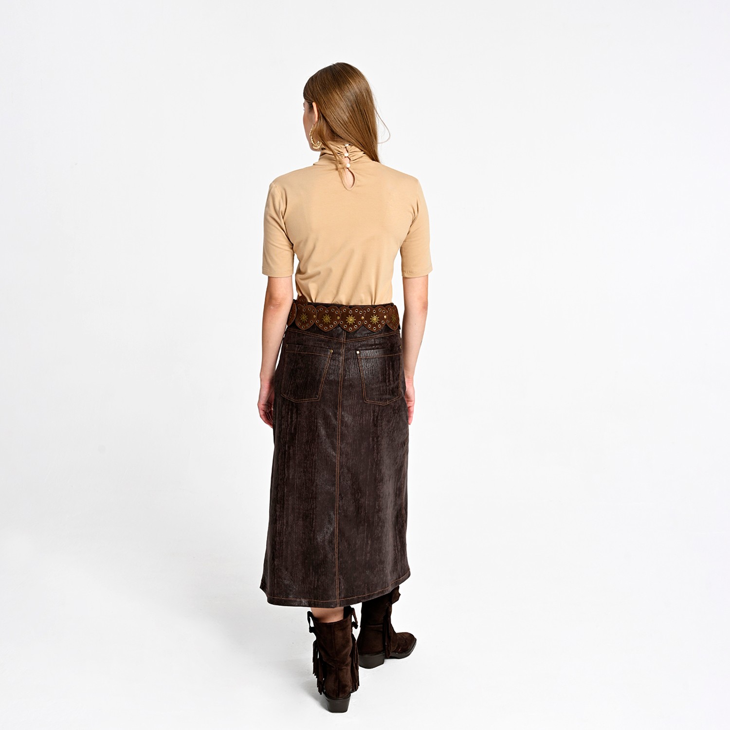 Ruffled Front Vegan Leather Midi Skirt