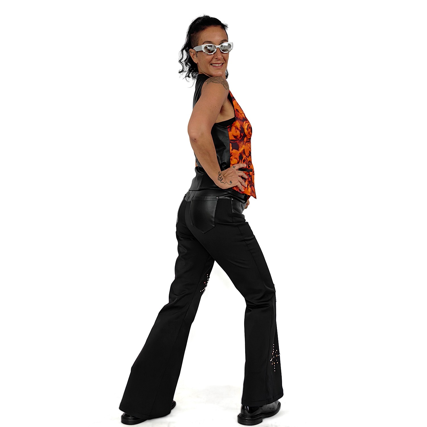 Vegan Leather Detailed Trim Flared Black Pants With Stud Embellished Stars