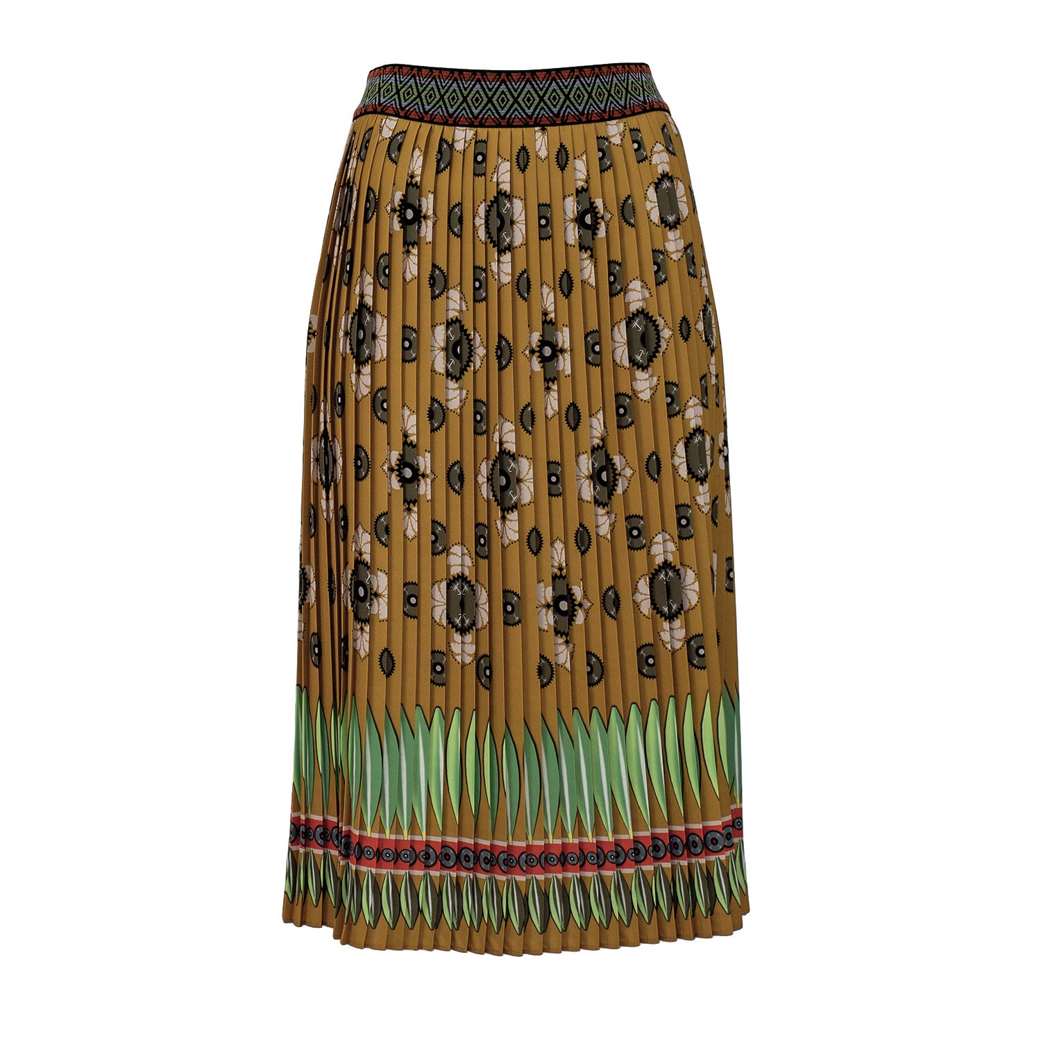 Abstract Khaki Flower Print Pleated Midi Skirt