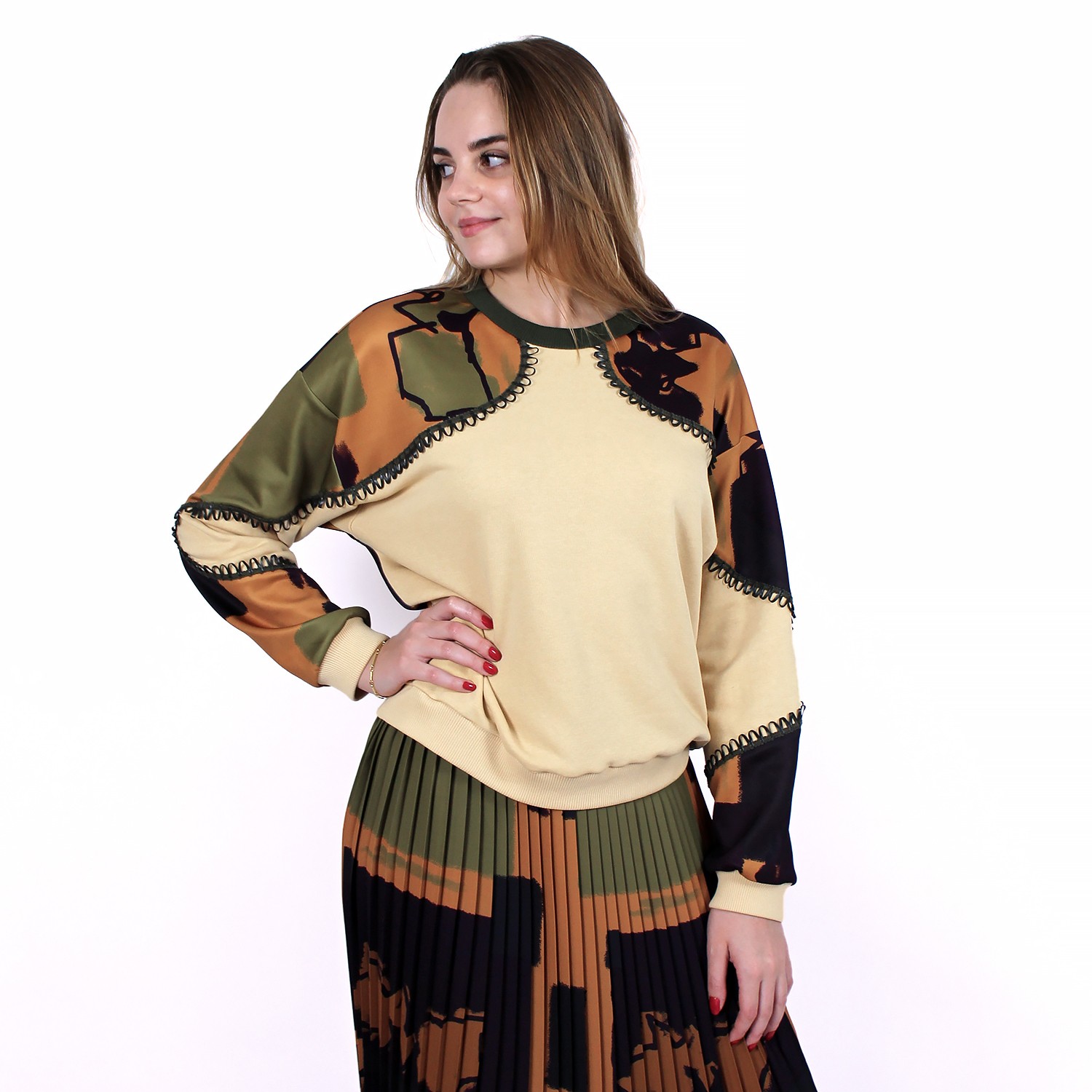 Abstract Print Sweatshirt with Khaki Vegan Leather Details