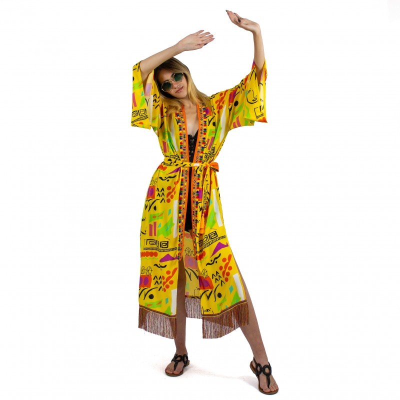 Yellow Viscose Kimono with Embroidery Border