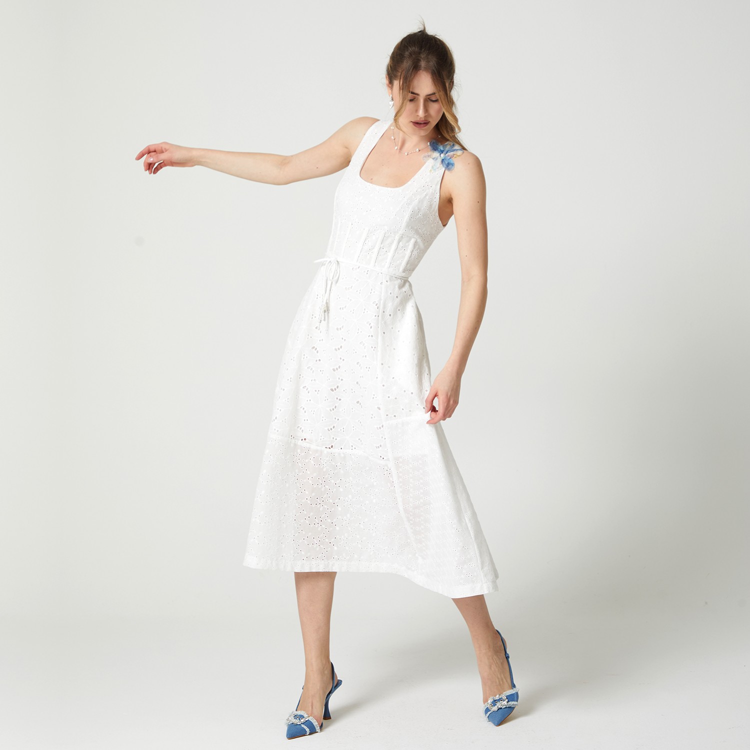 Scoop Neckline Broderie Anglaise Cotton Dress