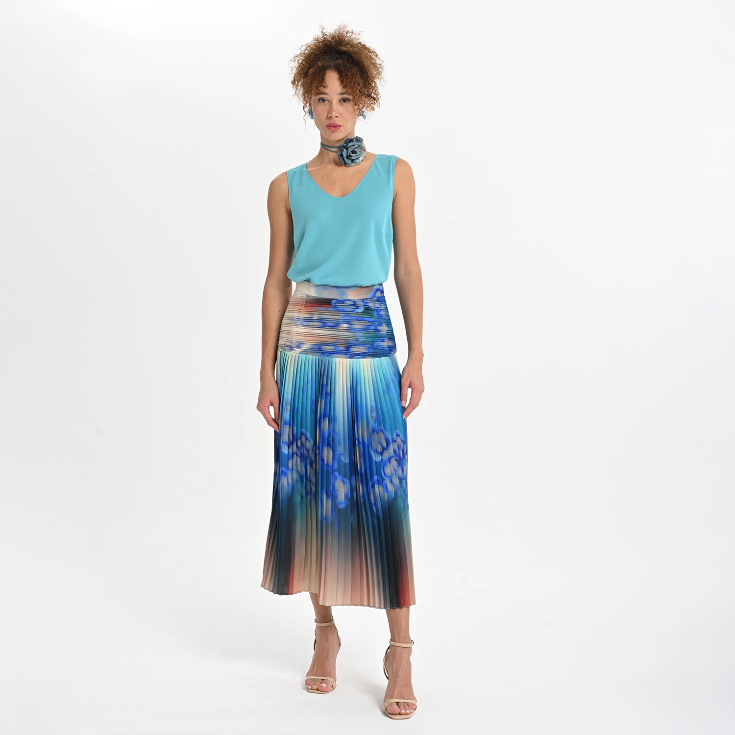 Abstract Floral Pleated Midi Skirt