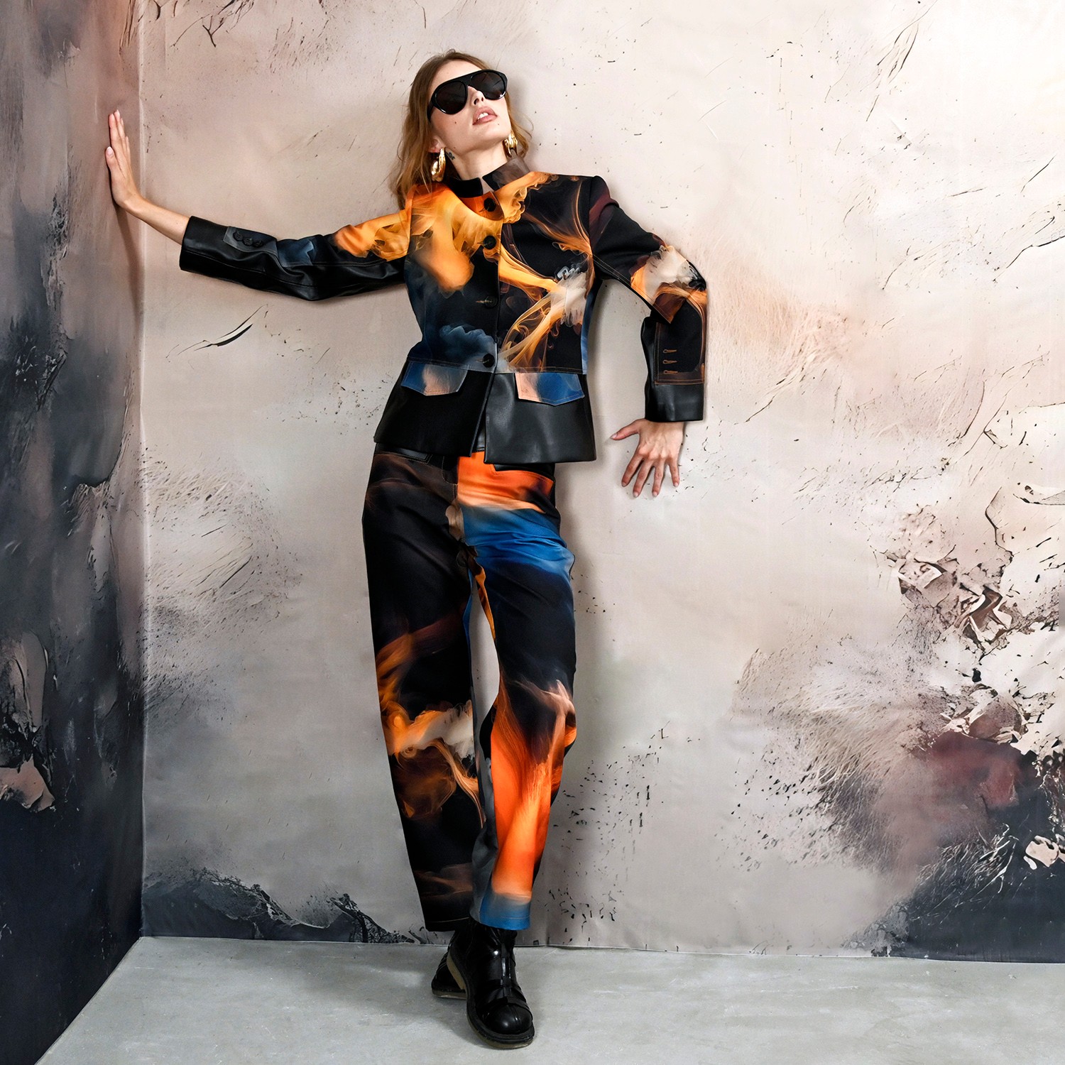 Cropped Jacket with Vegan Leather Trim and Digital Flame Print
