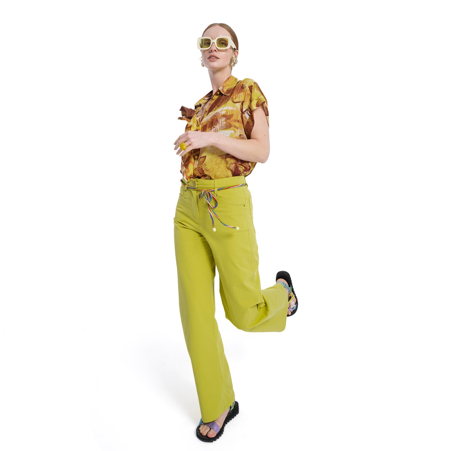 Wide-Leg Lime-Green Cotton Pants With Detachable Colorful Cord Belt