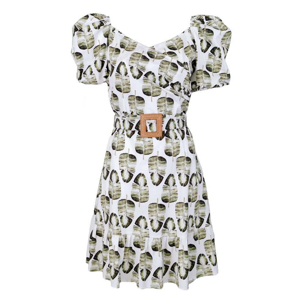 Above Knee Double Breasted Cotton Dress With Leaf Prints